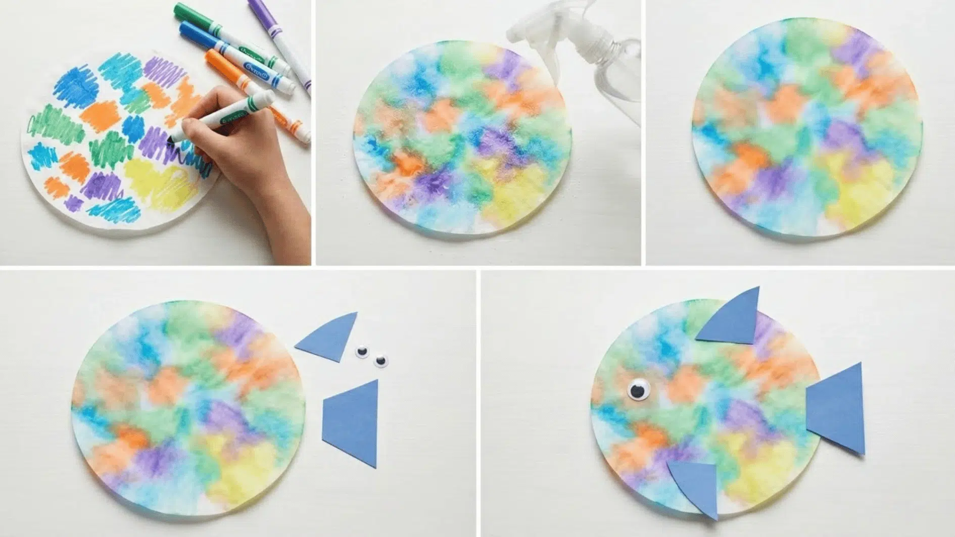 five panel tutorial showing a paper circle colored with markers, sprayed with water to blend the colors, then turned into a fish with blue paper fins, a tail, and a googly eye