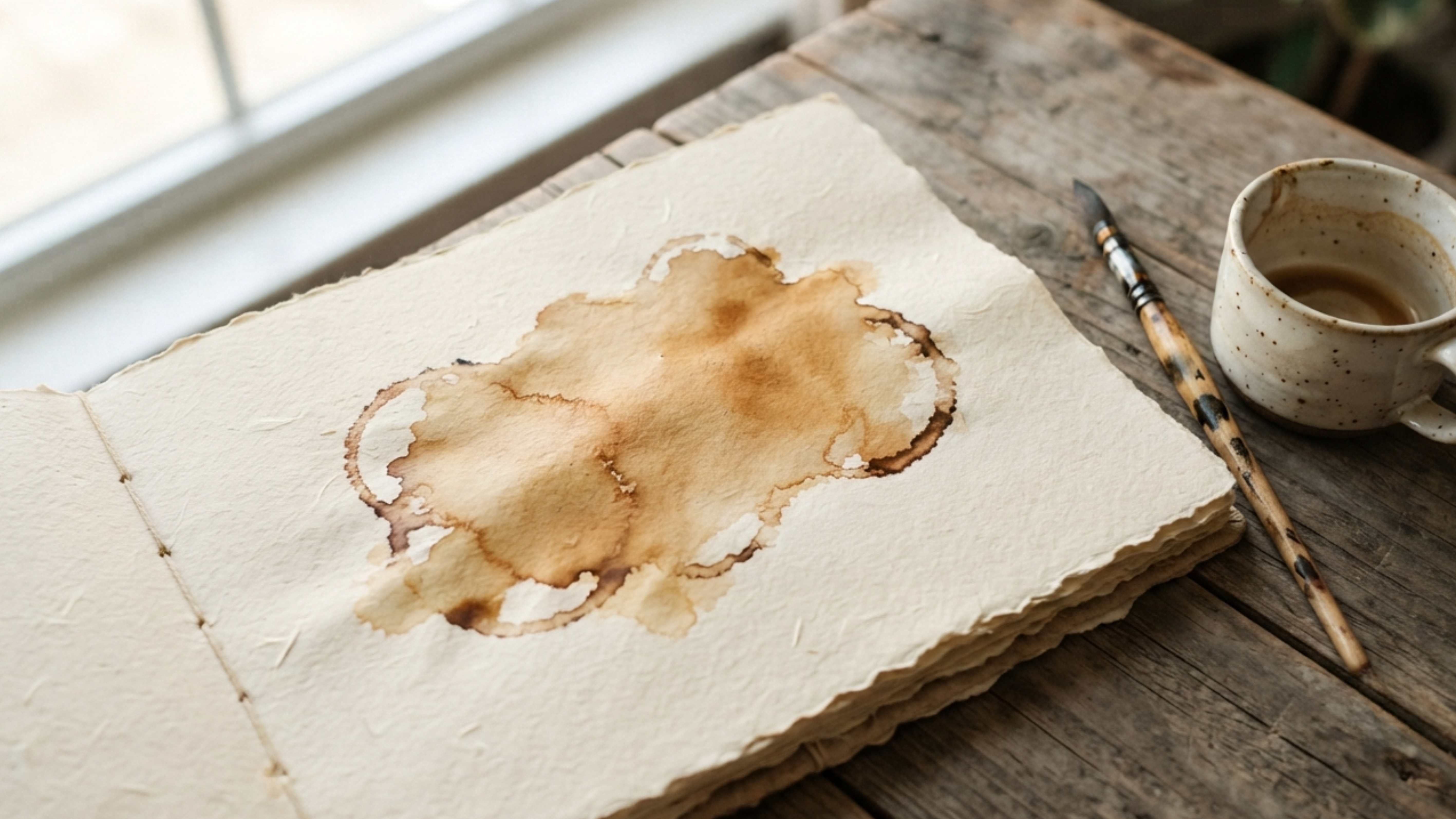 journal page with natural coffee stains beside a brush and ceramic cup