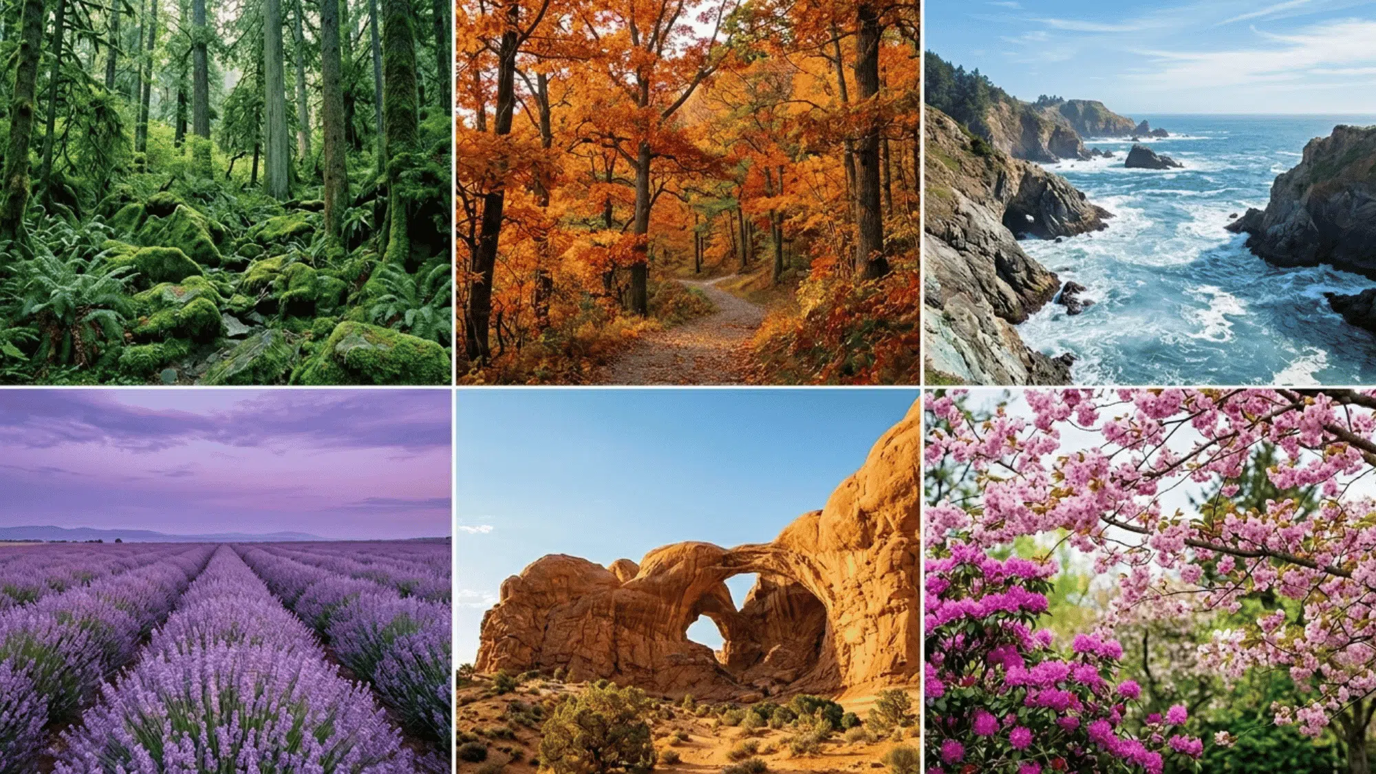 six panel nature collage forest moss autumn path rocky coast lavender field rock arch blossoms