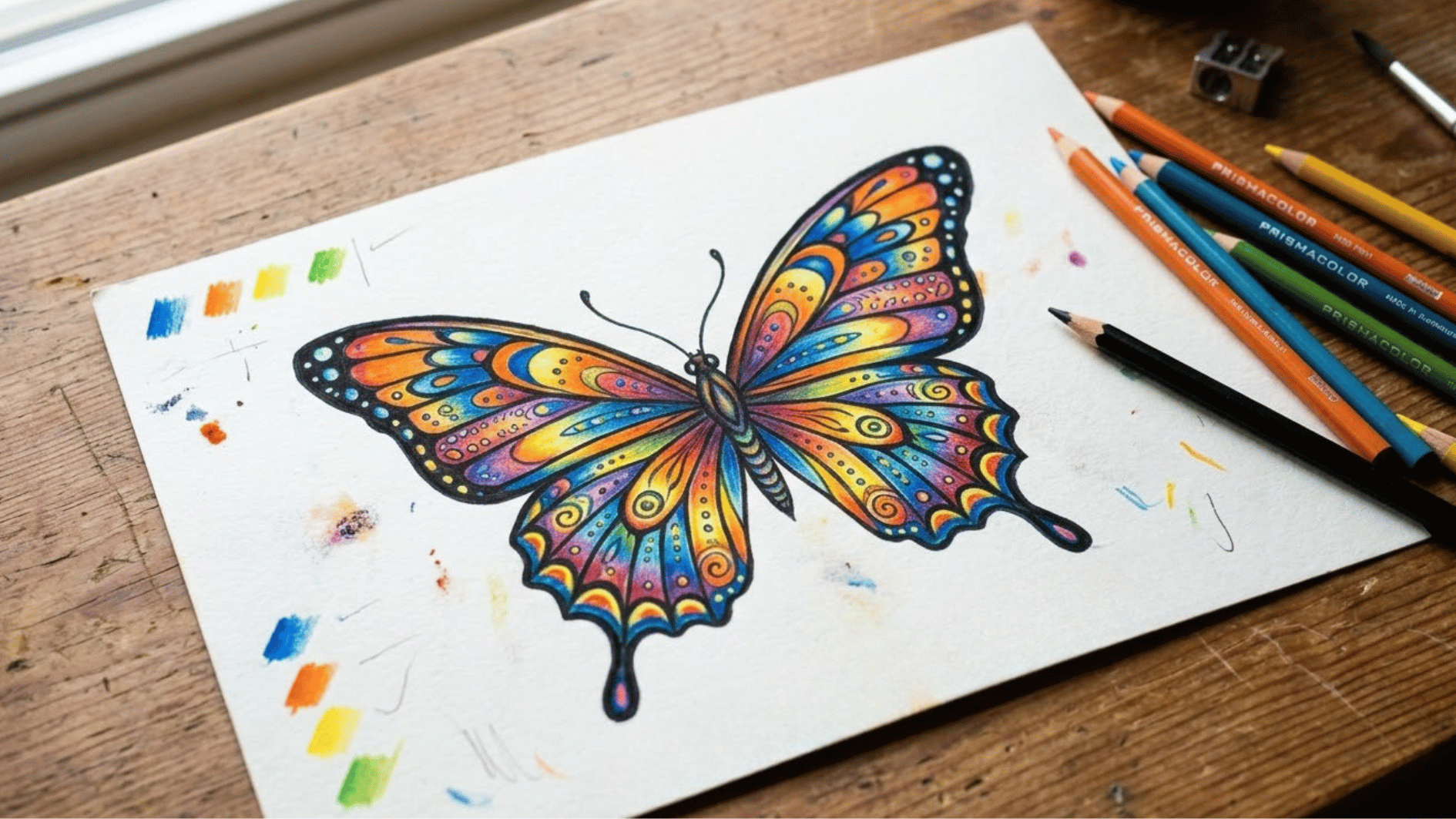 colorful butterfly drawing on an open sketchbook with pencils and crayons around it