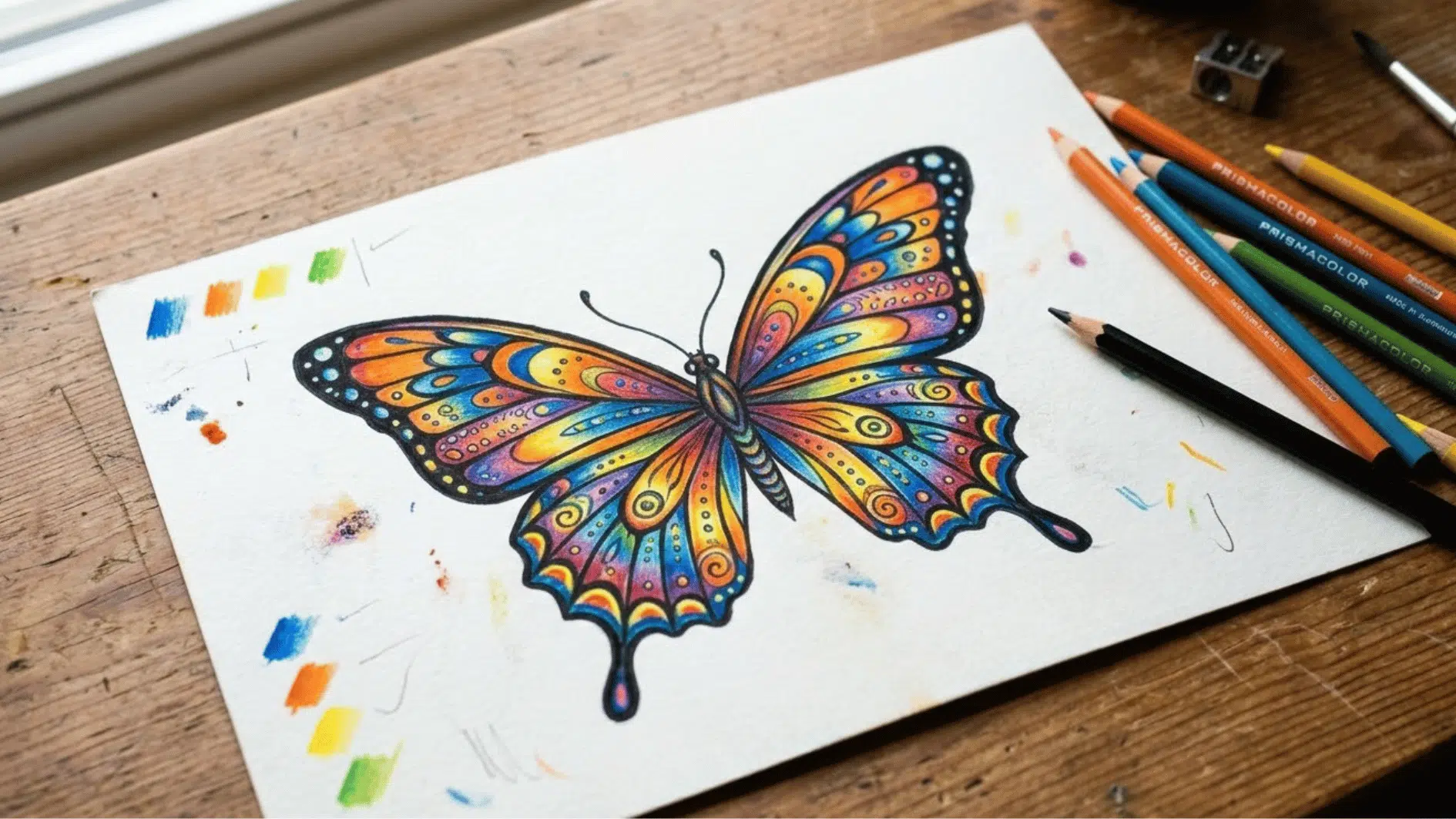 colorful butterfly drawing on an open sketchbook with pencils and crayons around it