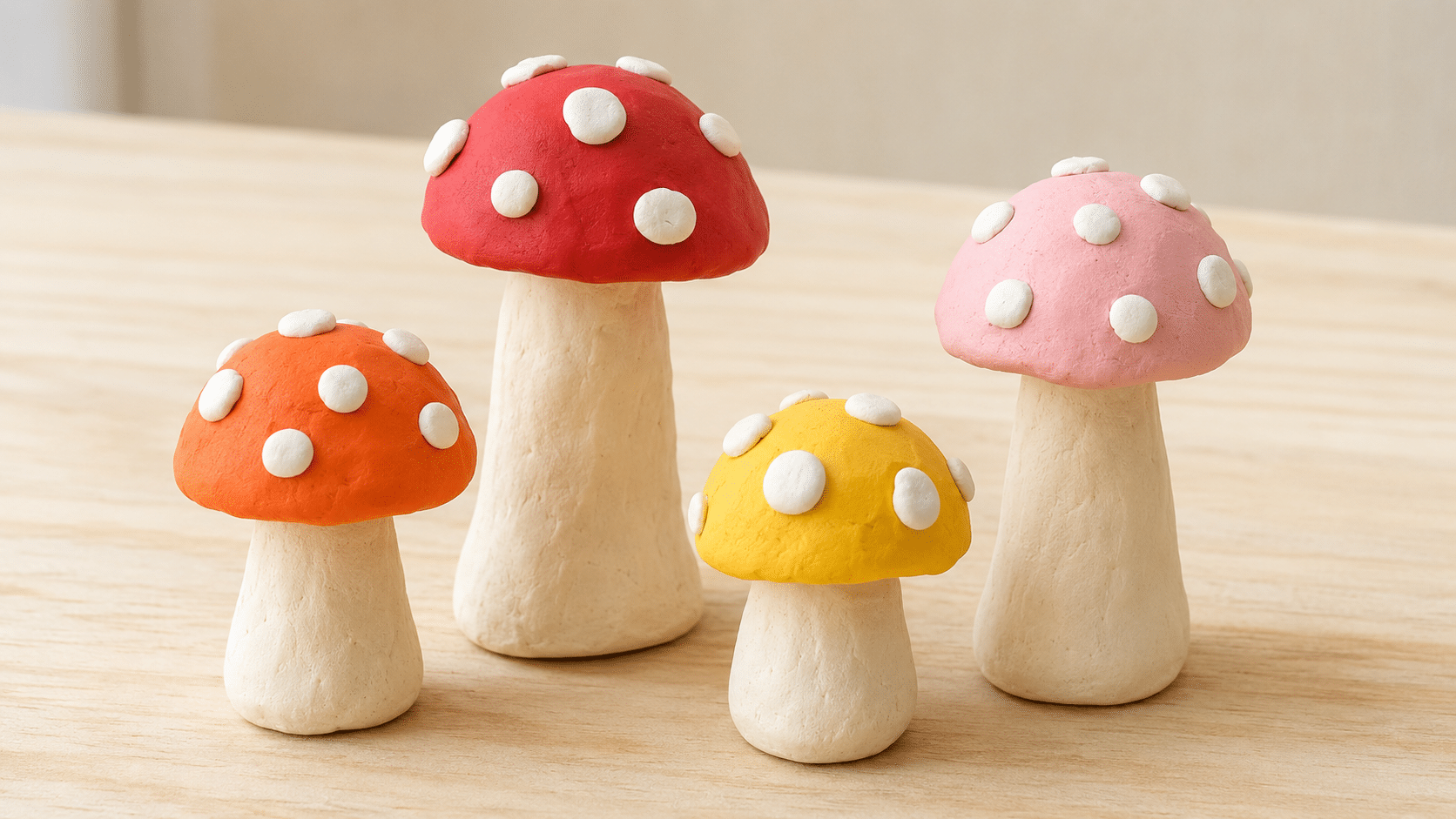 colorful clay mushrooms arranged together in a woodland display