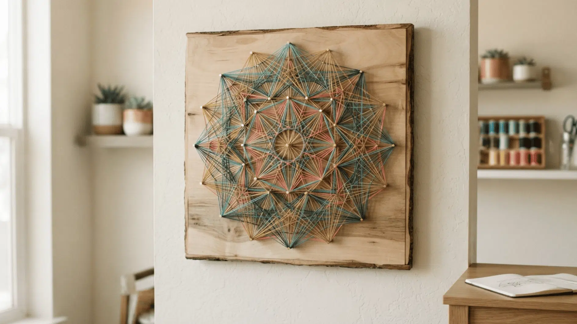 colorful geometric string art created with thread and nails on a wooden board