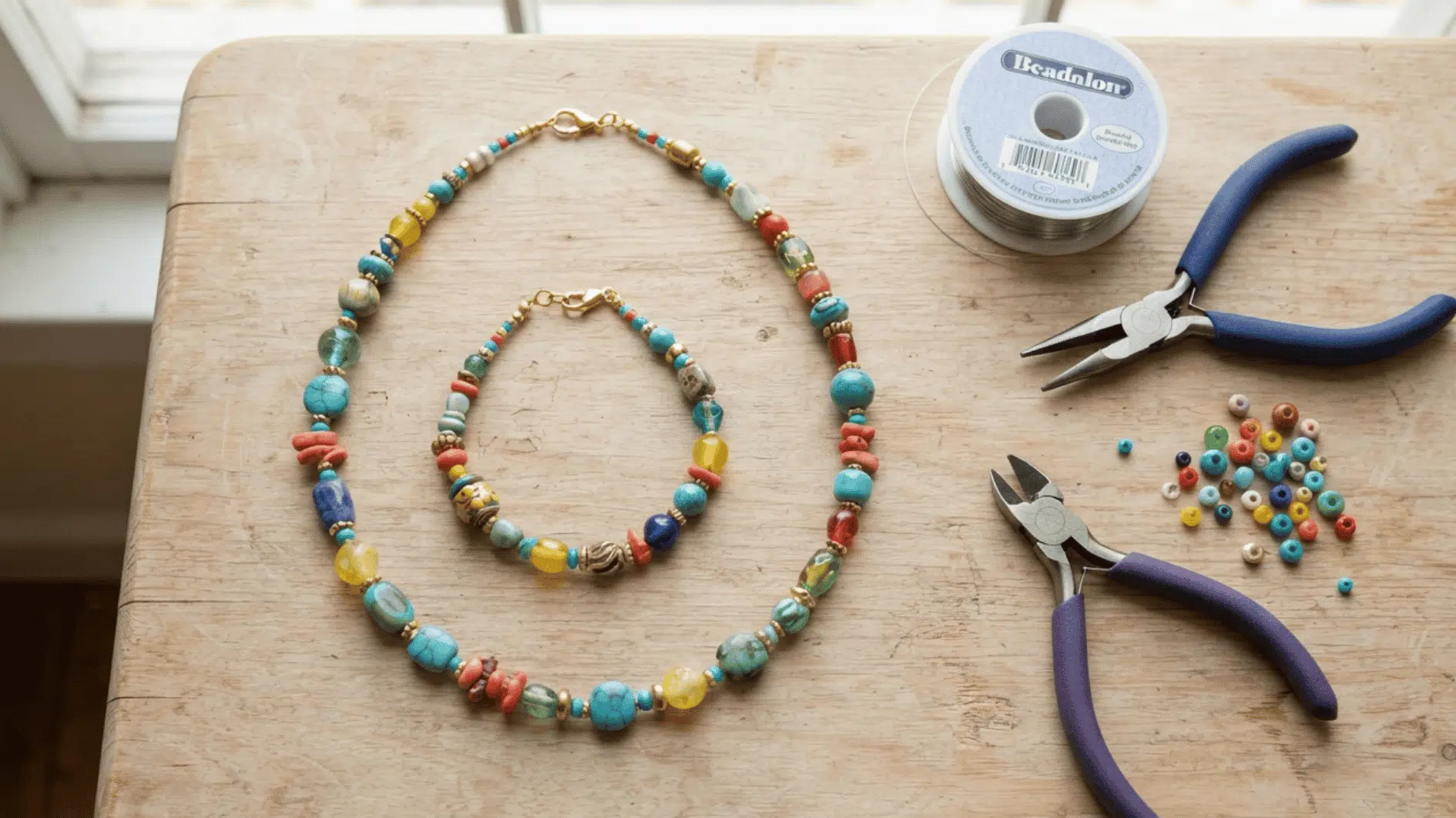 colorful handmade beaded necklace and bracelet with jewelry-making tools and loose beads on a wooden table