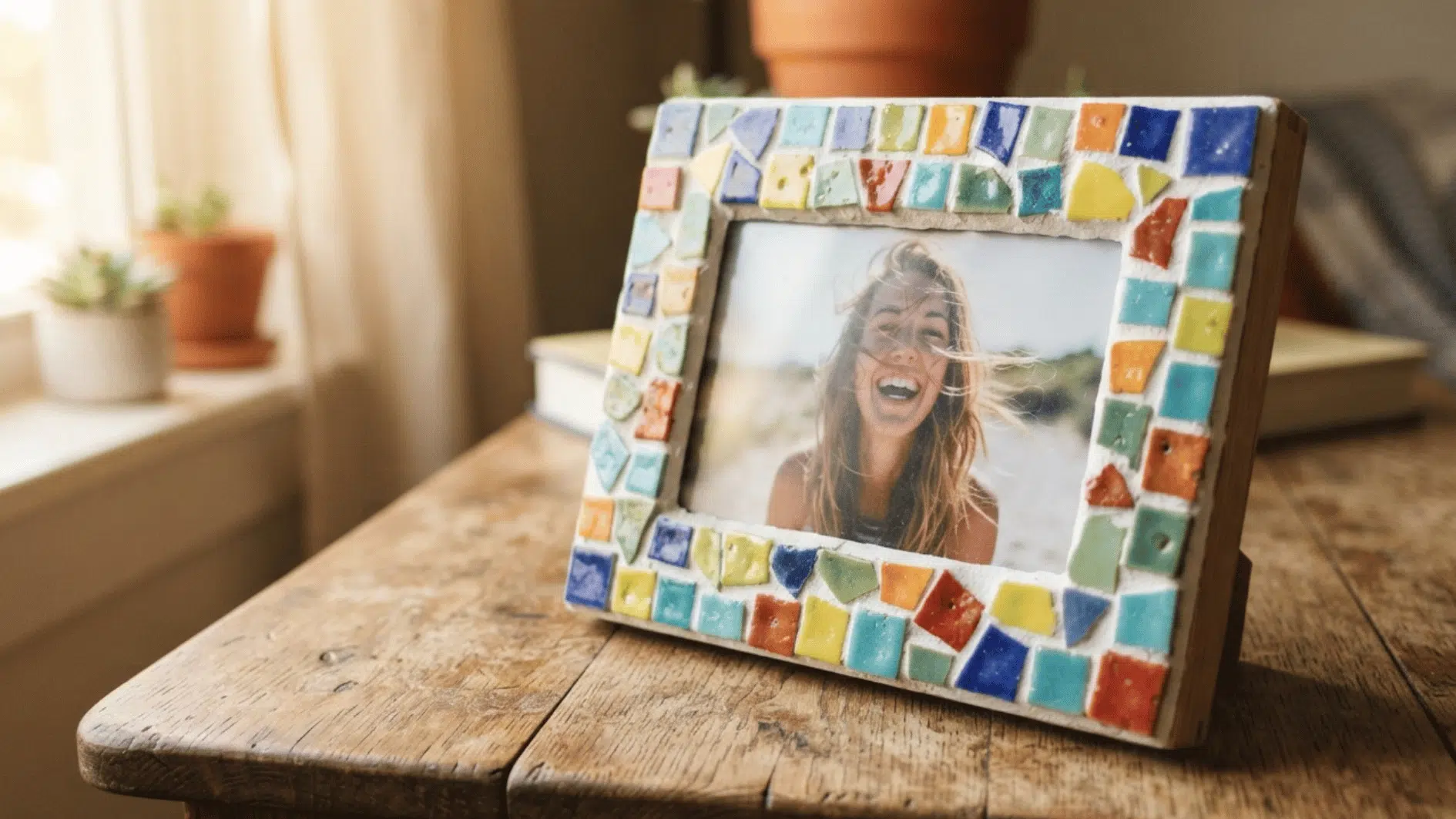 colorful handmade mosaic photo frame displayed on a rustic wooden table