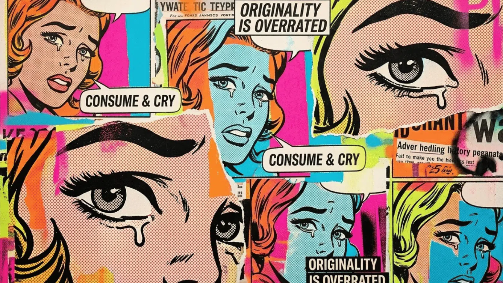 colorful pop art collage with repeated comic style faces