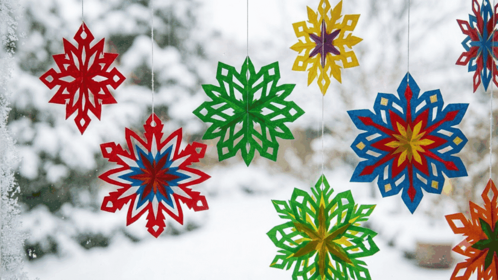 colorful paper snowflakes hanging in front of a snowy window for winter decoration