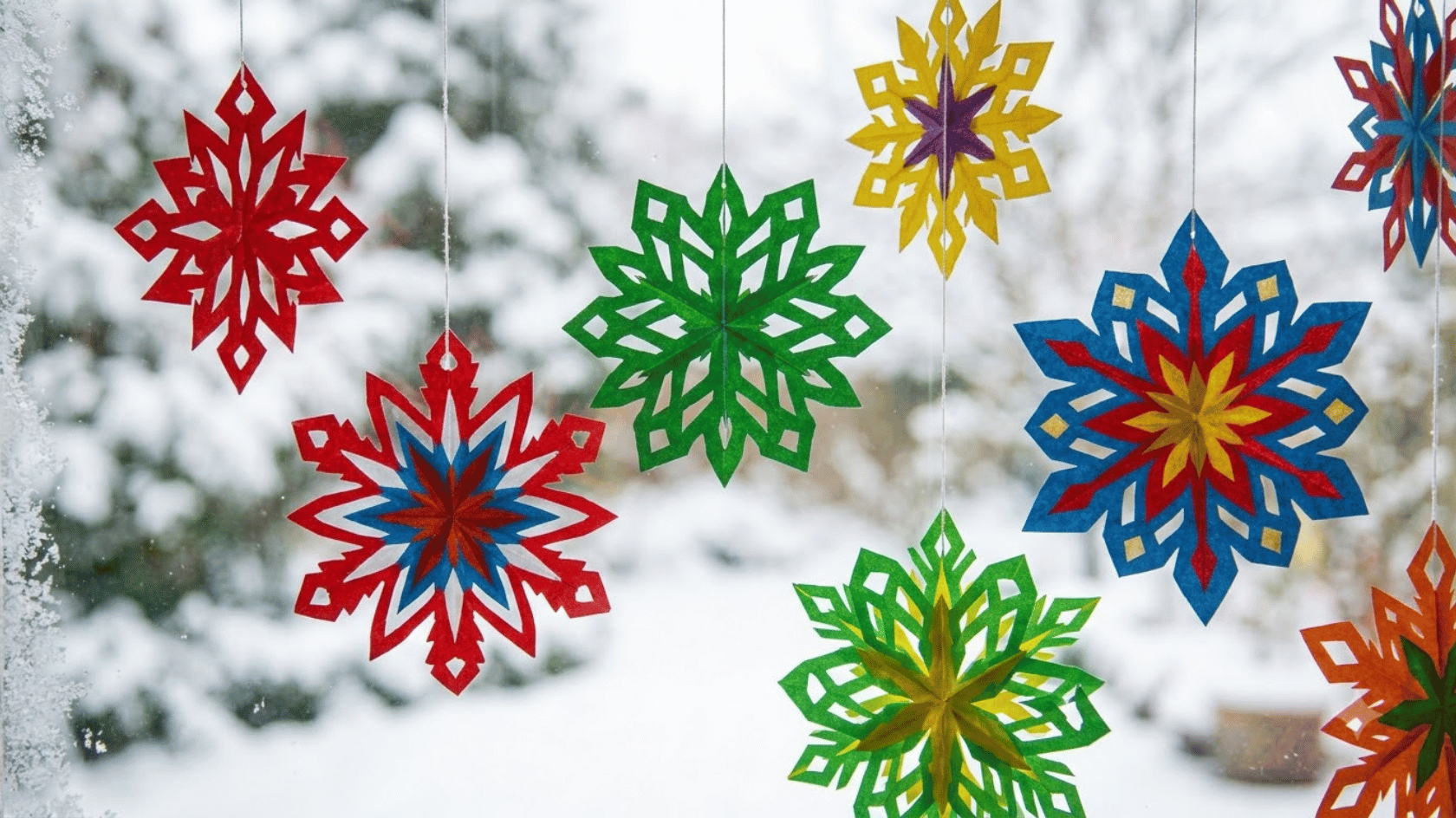 colorful paper snowflakes hanging in front of a snowy window for winter decoration