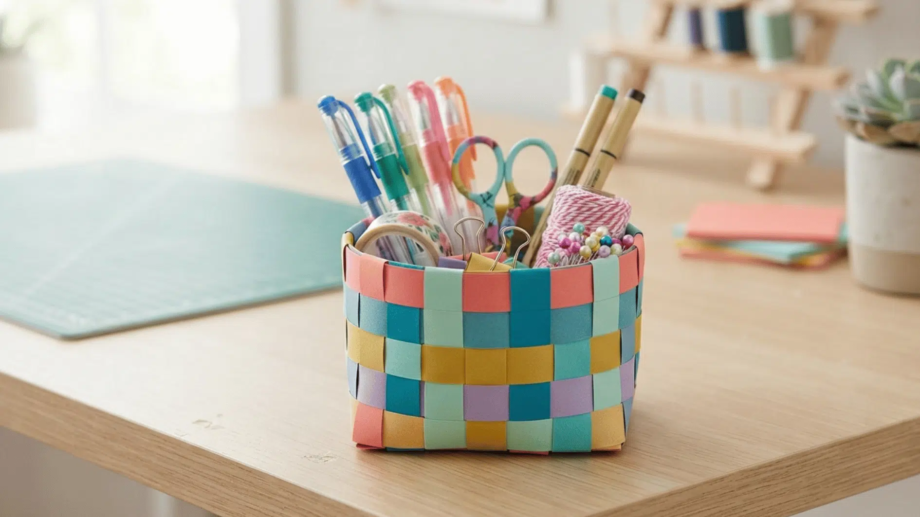 colorful woven paper basket holding pens scissors tape markers and sewing supplies on a craft table