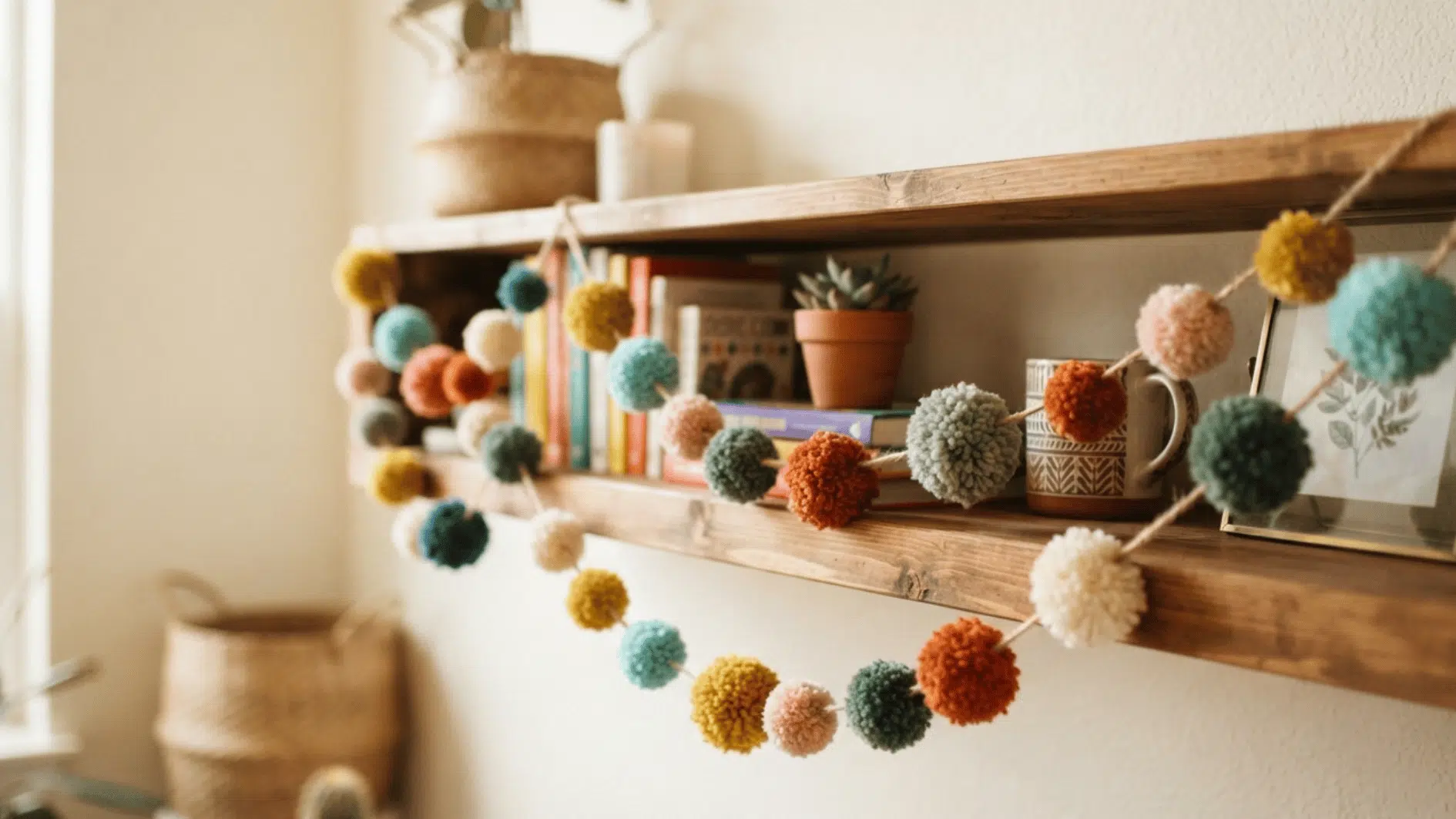 colorful yarn pom pom garland draped across wooden shelves in a cozy room