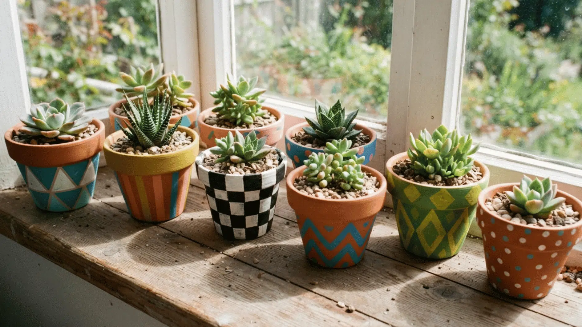colorfully painted terracotta pots filled with succulents on a sunny wooden windowsill