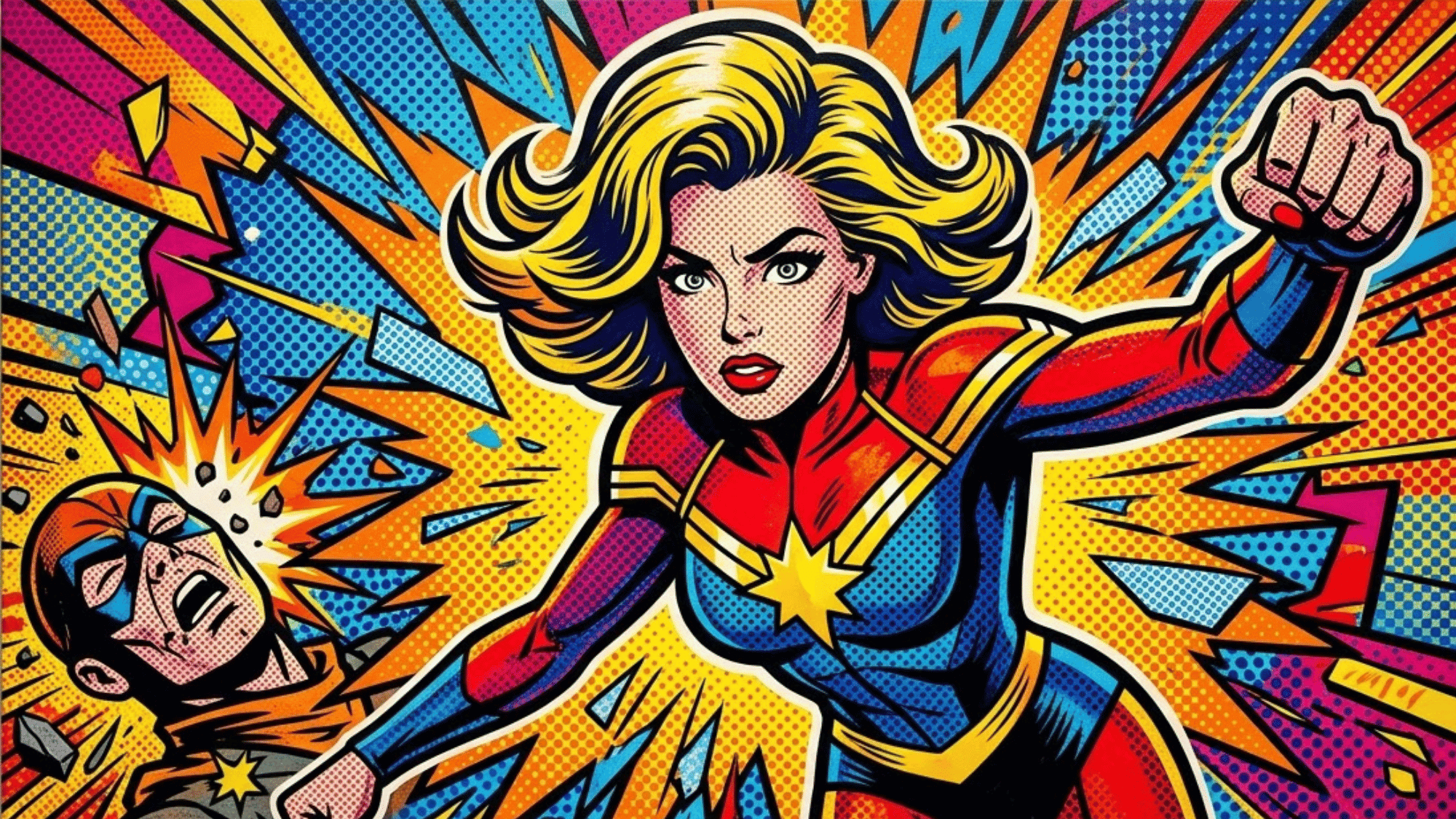 comic book style superhero illustration with halftone dots
