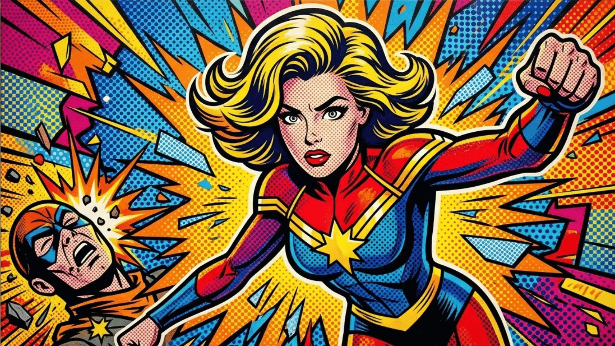 comic book style superhero illustration with halftone dots