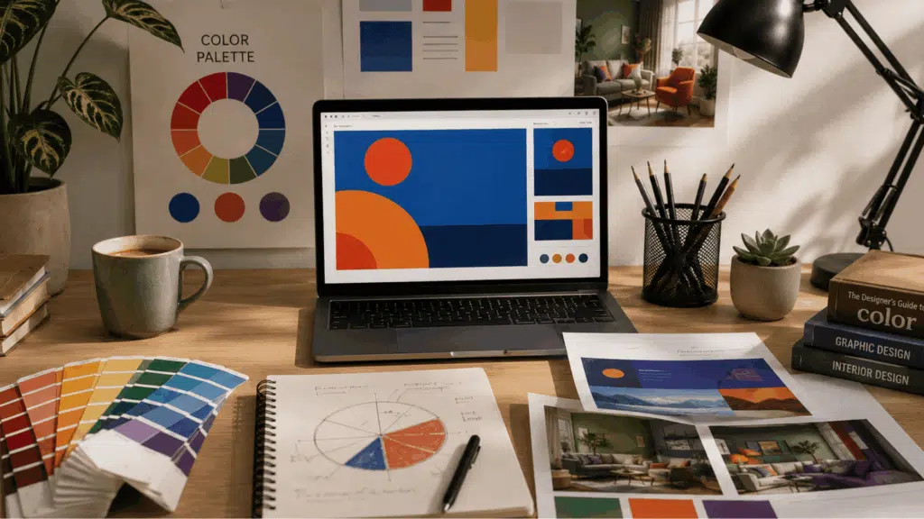 designer workspace showing split complementary color palettes for graphic design web design and interior design