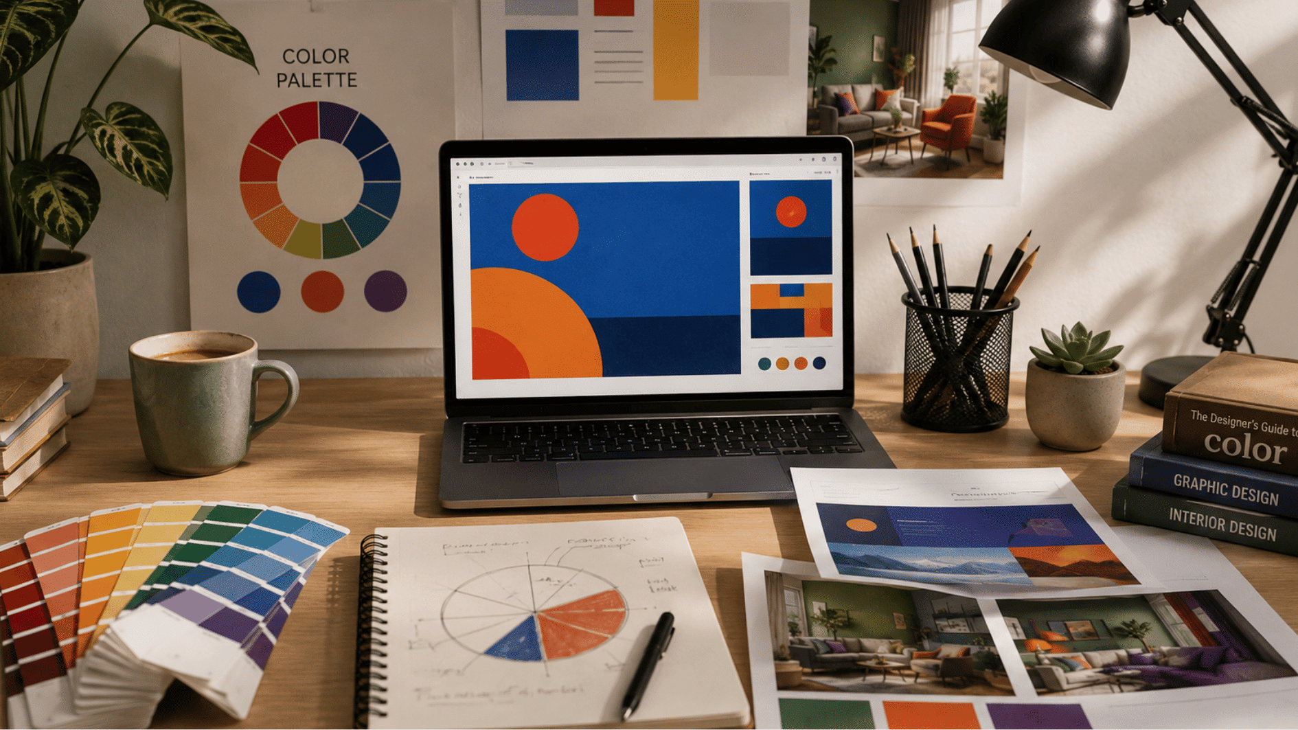 designer workspace showing split complementary color palettes for graphic design web design and interior design