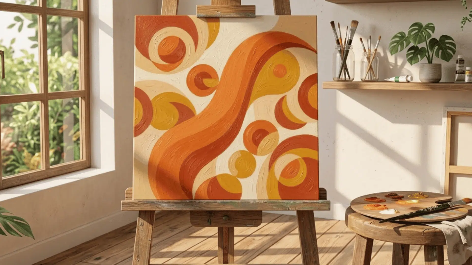 completed abstract painting on an artist's easel showing full color, shape, and texture harmony