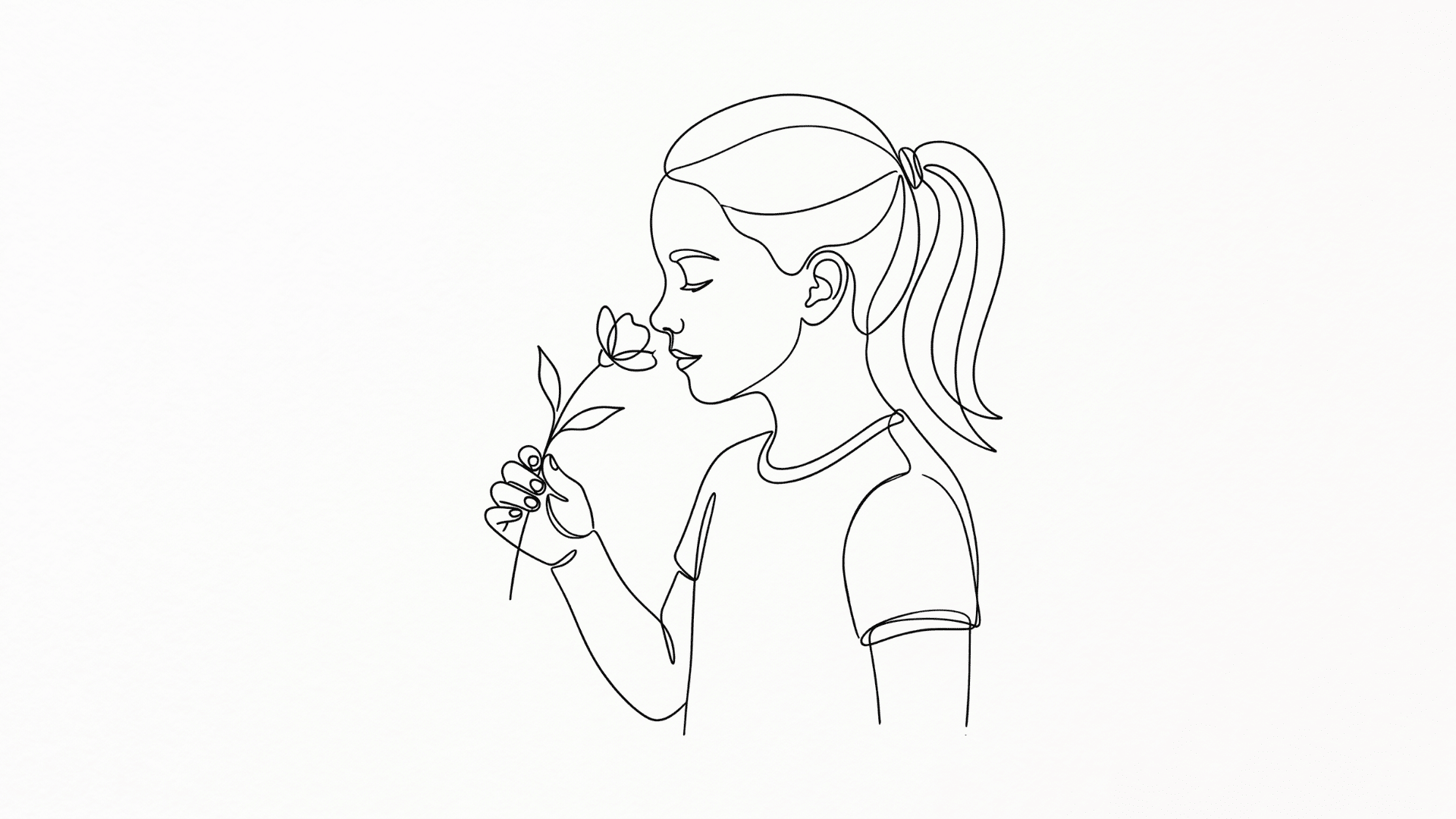 Girl smelling a flower in continuous line art style.