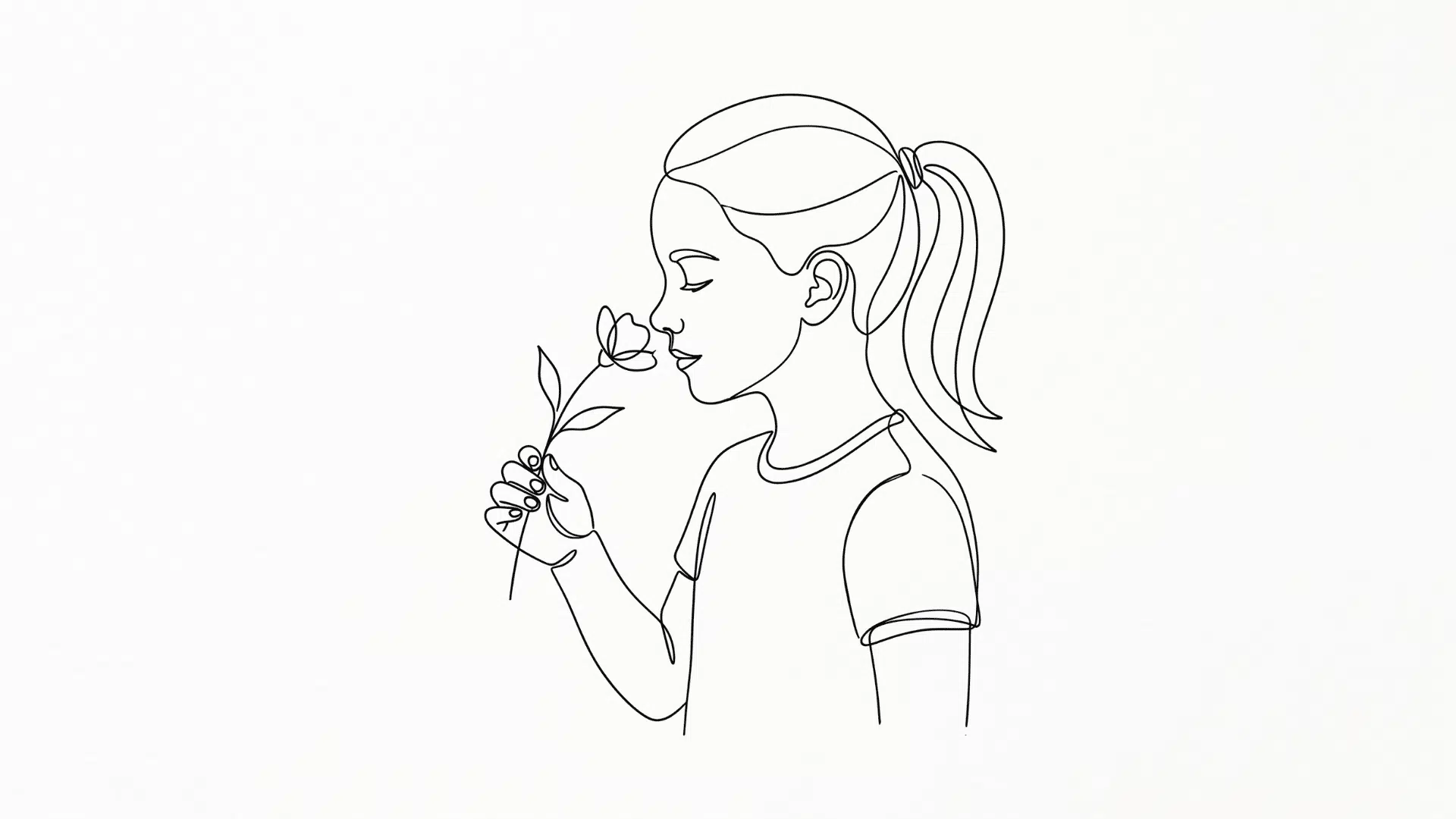 Girl smelling a flower in continuous line art style.
