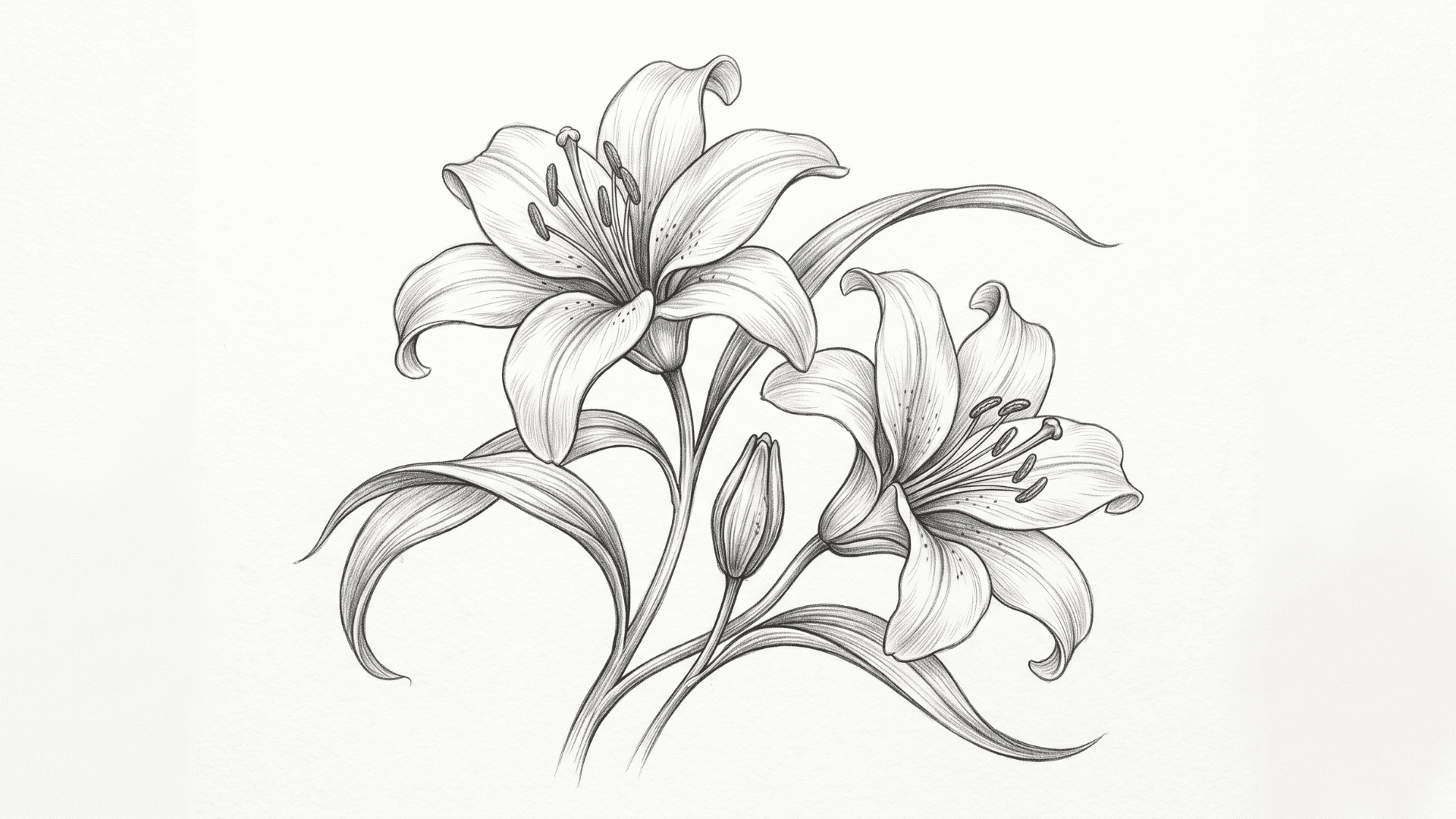 Lily flower pencil drawing with soft shading and curved leaves.