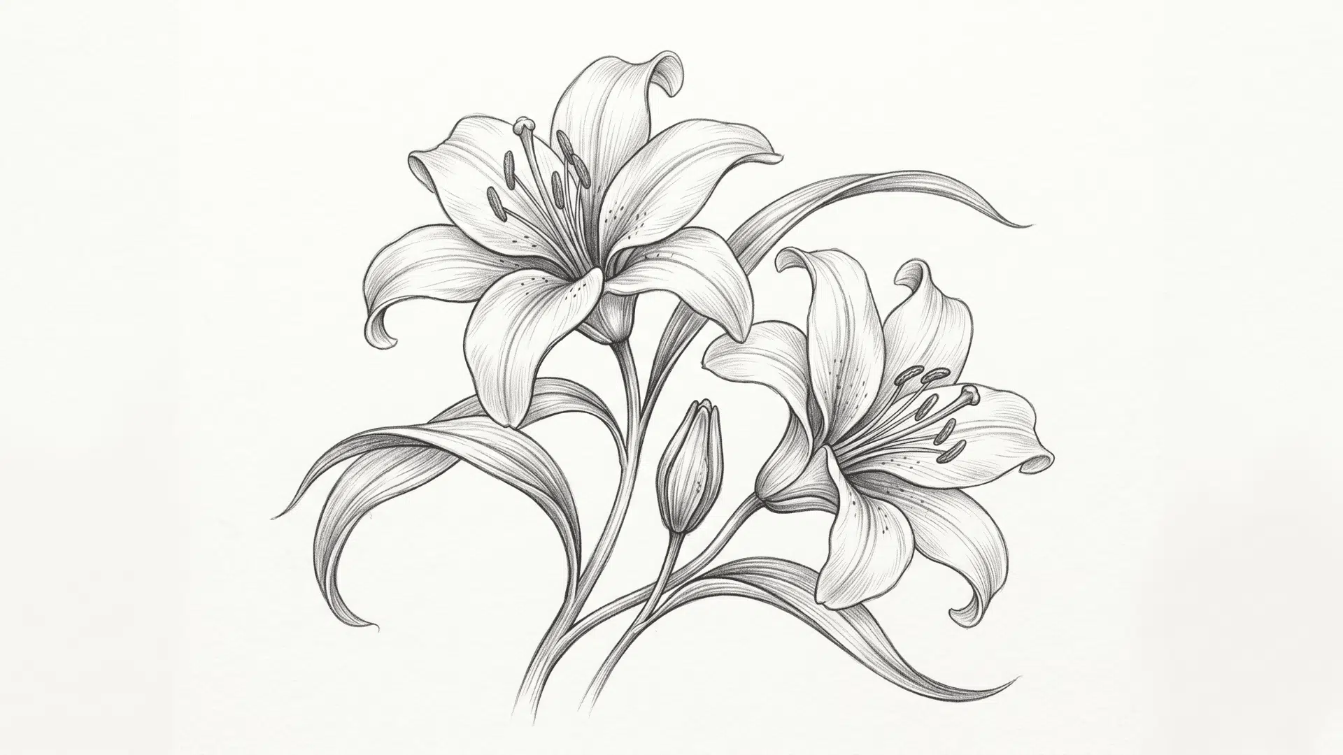 Lily flower pencil drawing with soft shading and curved leaves.