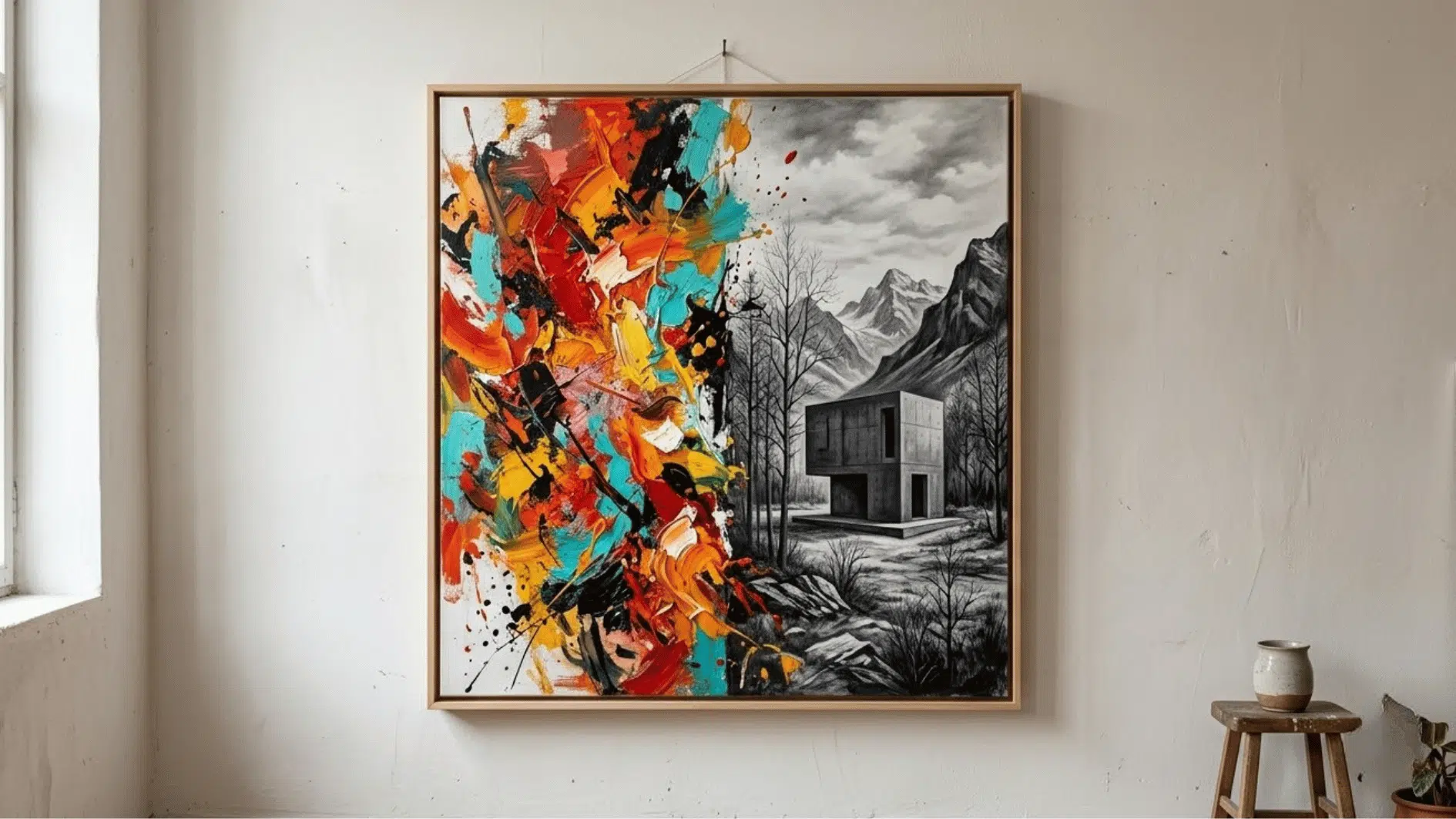 a canvas hung on the wall showing contrast in art throught split scenes