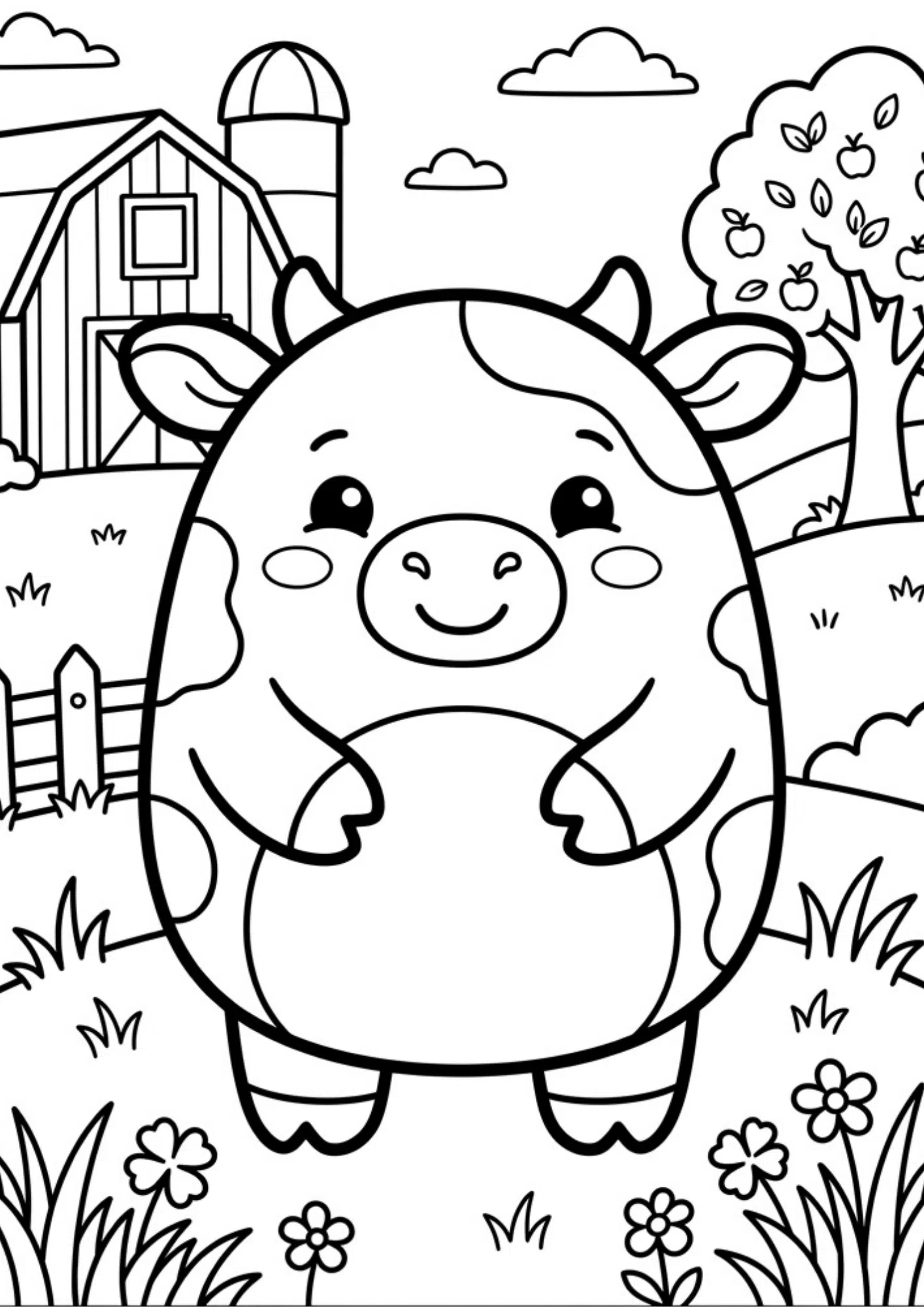 cow squishmallow coloring sheet featuring farm inspired character with simple outlines and printable black and white artwork