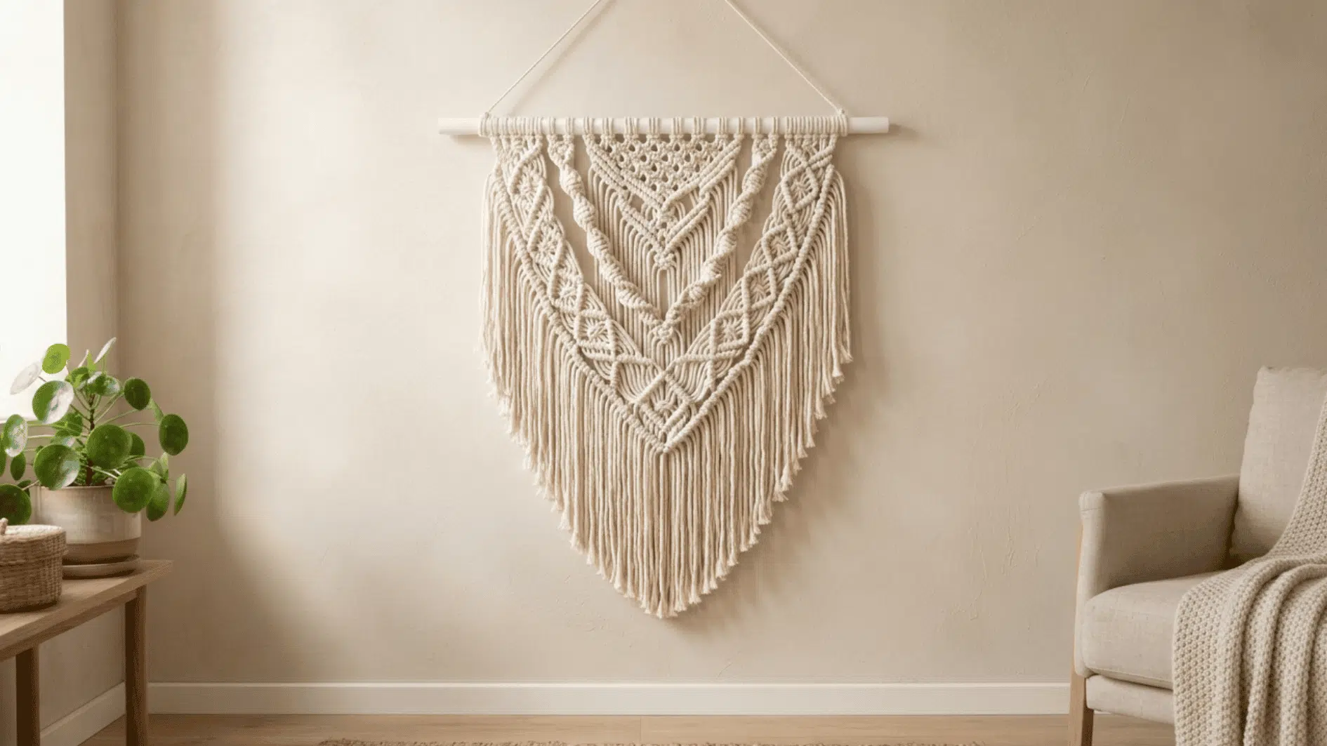 cream macrame wall hanging displayed in a neutral living room with a plant and armchair