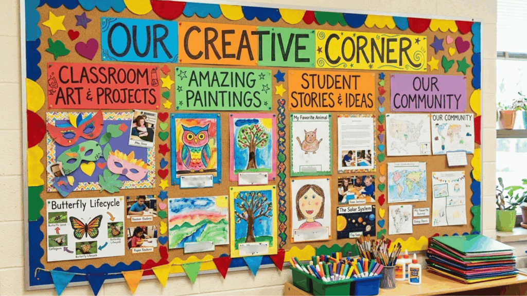 colorful classroom bulletin board featuring different art projects with art and craft supplies on the table