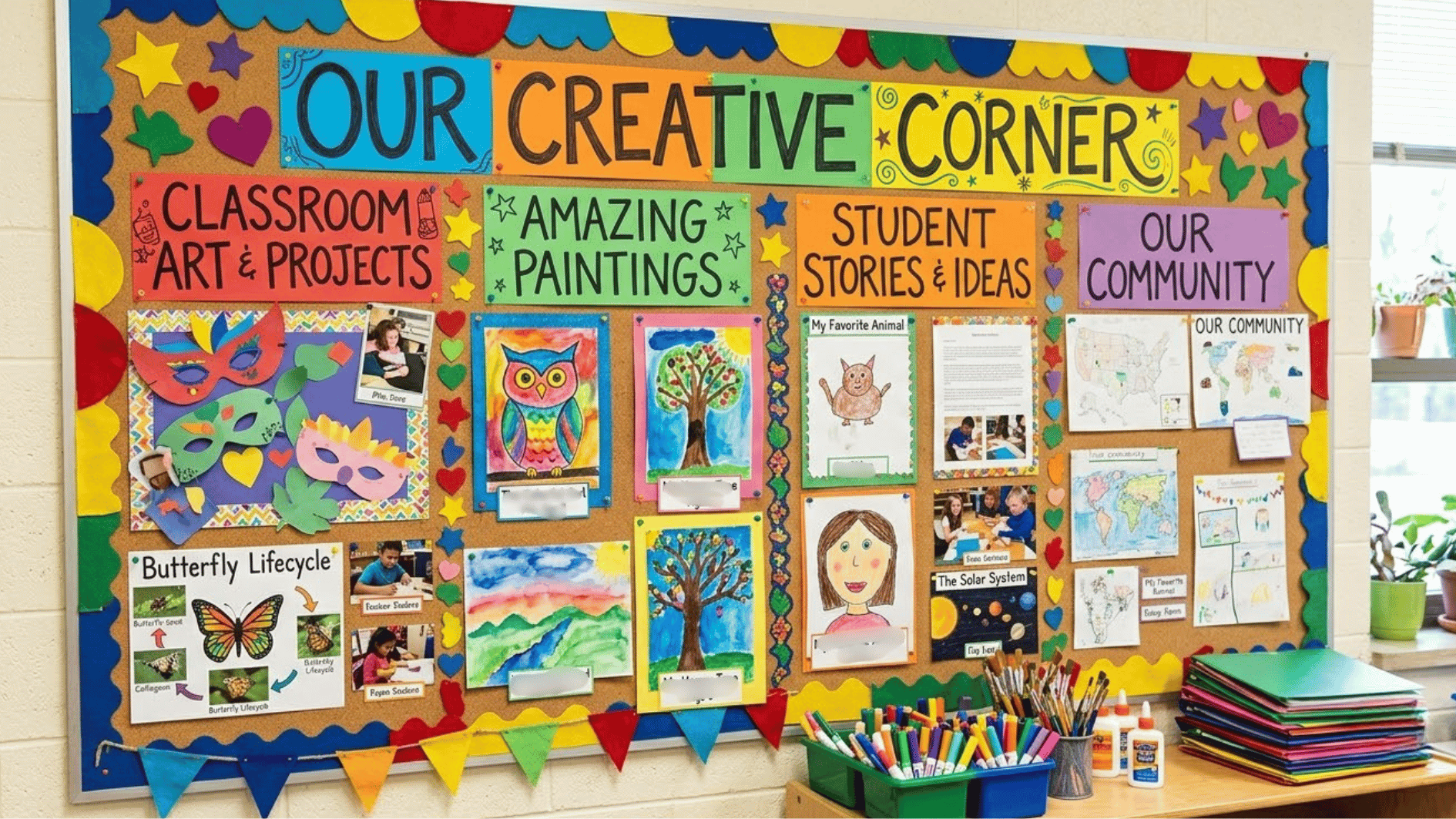 colorful classroom bulletin board featuring different art projects with art and craft supplies on the table