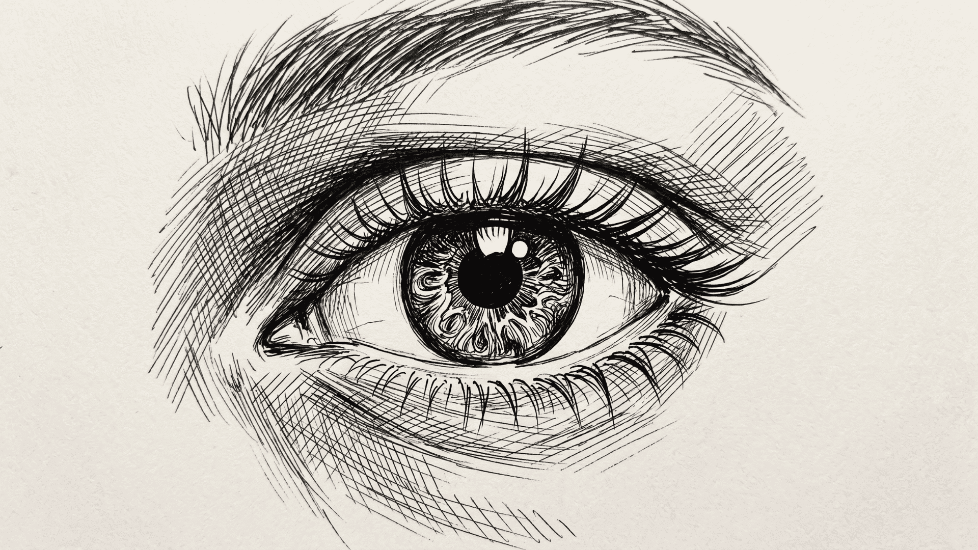 Cross-hatching eye drawing with bold ink lines and detailed iris shading.