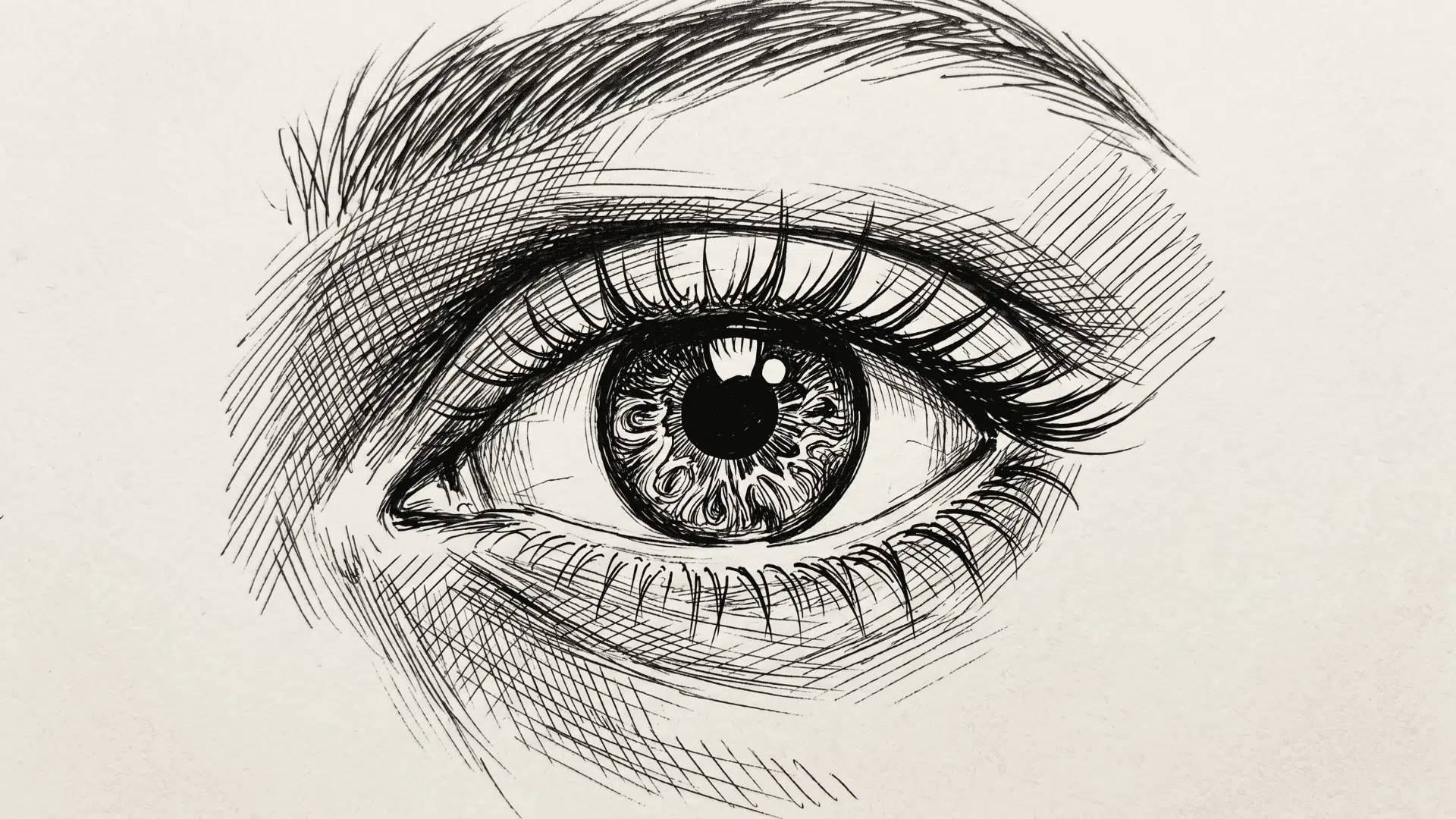 Cross-hatching eye drawing with bold ink lines and detailed iris shading.