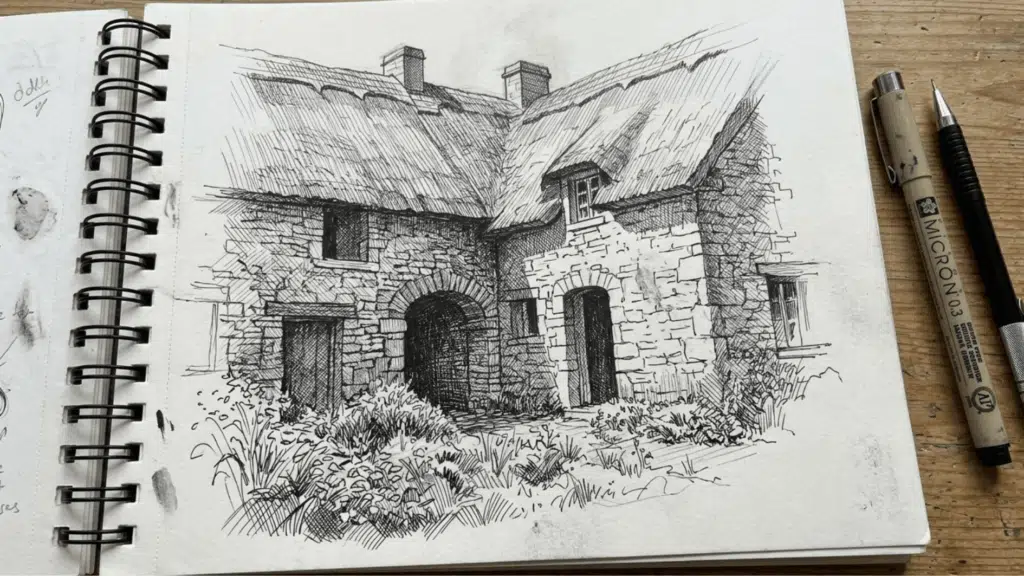a brick house made with cross hatched drawing style on a drawing paper