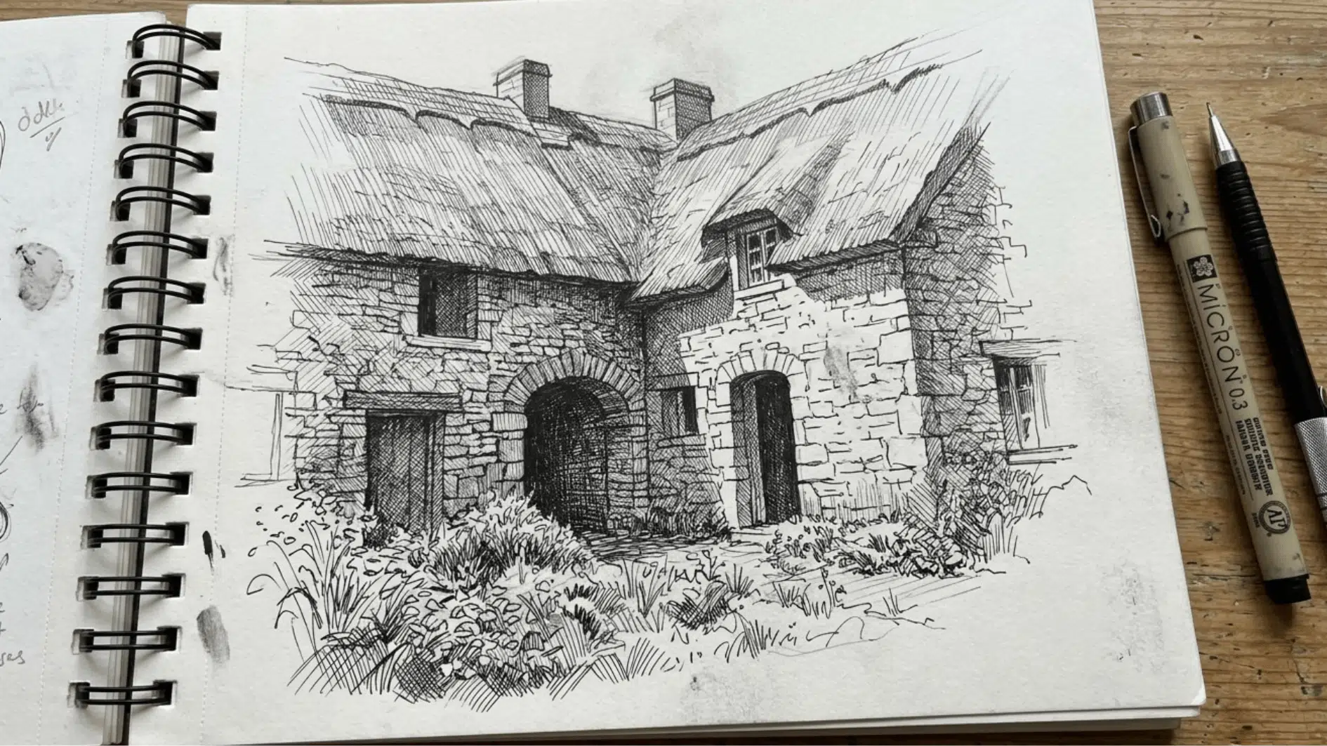 a brick house made with cross hatched drawing style on a drawing paper
