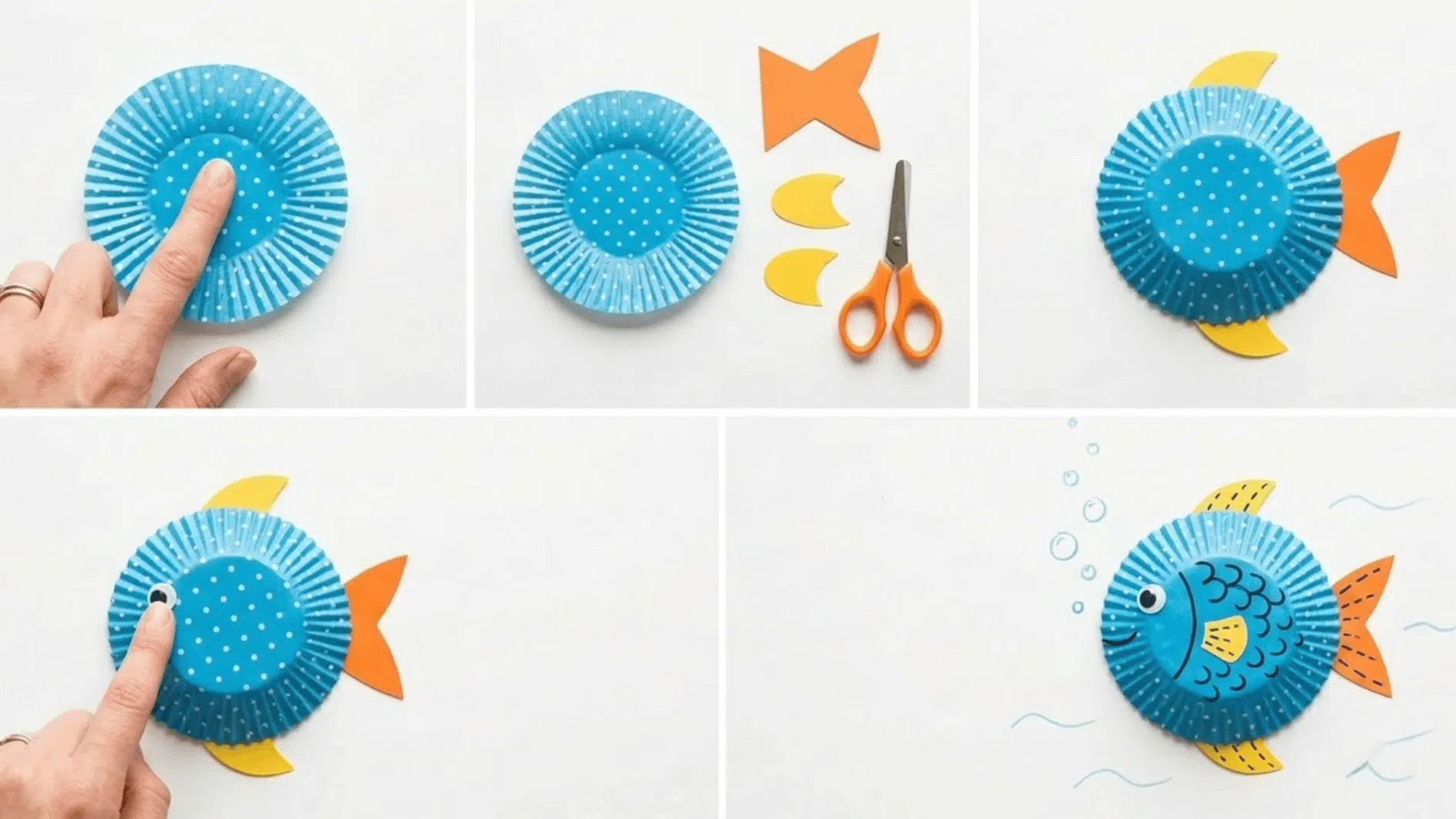 five panel tutorial showing a blue polka dot cupcake liner turned into a fish with yellow paper fins, an orange tail, a googly eye, and hand drawn scales