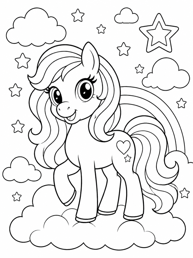 Cute friendly pony with a flowing mane, clouds, and simple stars in a children's coloring page.