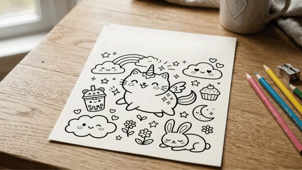printed kawaii animal coloring sheets with crayons and colored pencils arranged neatly on a clean white table