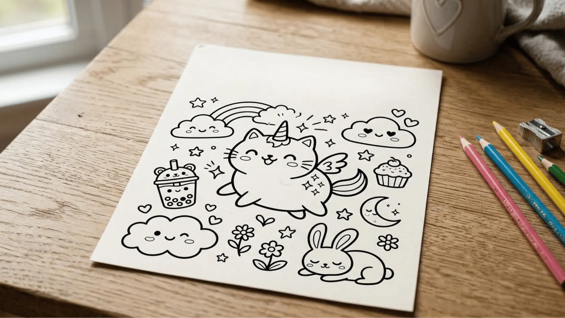 printed kawaii animal coloring sheets with crayons and colored pencils arranged neatly on a clean white table