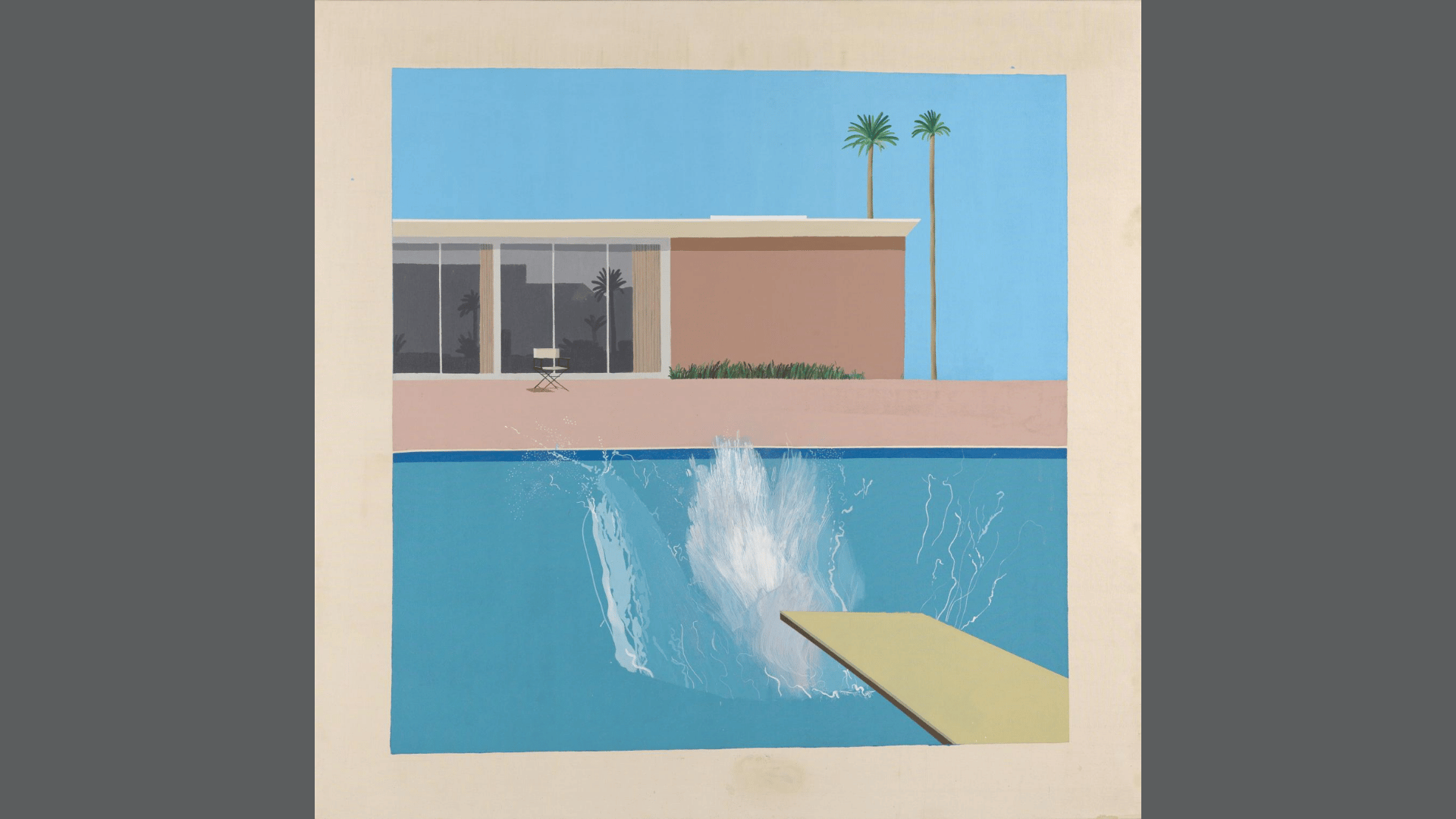 david hockney's a bigger splash showing a white splash in a california pool beside a modern house and chair