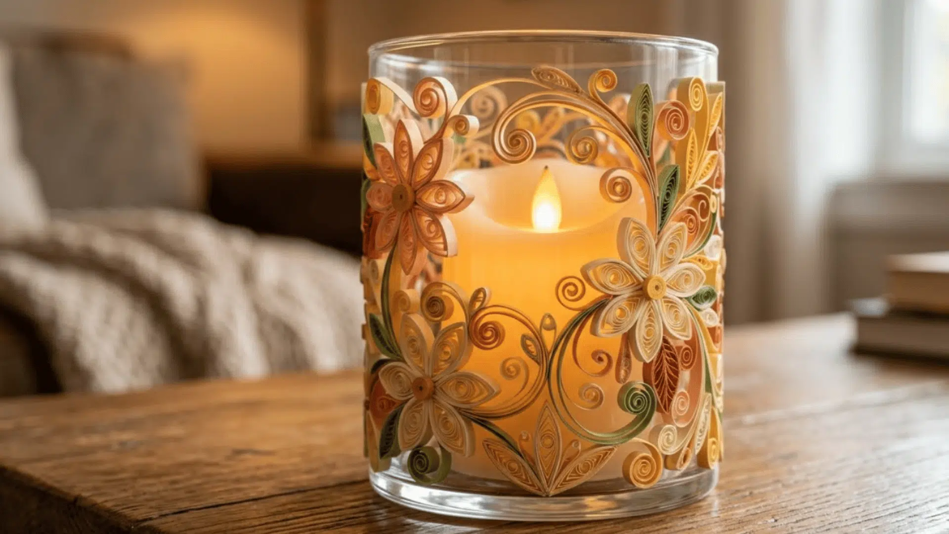decorative candle holder featuring floral paper quilling designs with warm led light on a wooden table