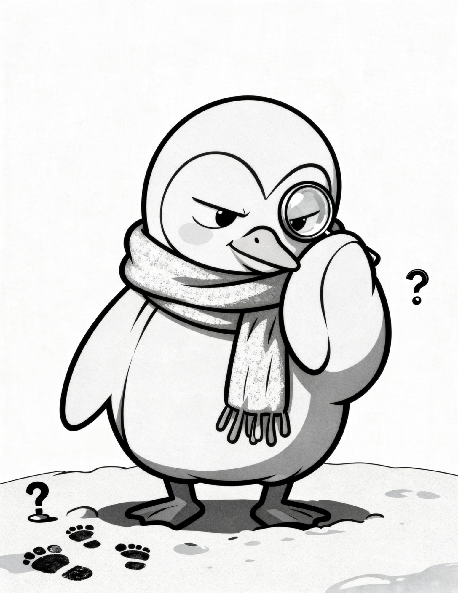 detective penguin solving mystery with magnifying glass coloring page outline