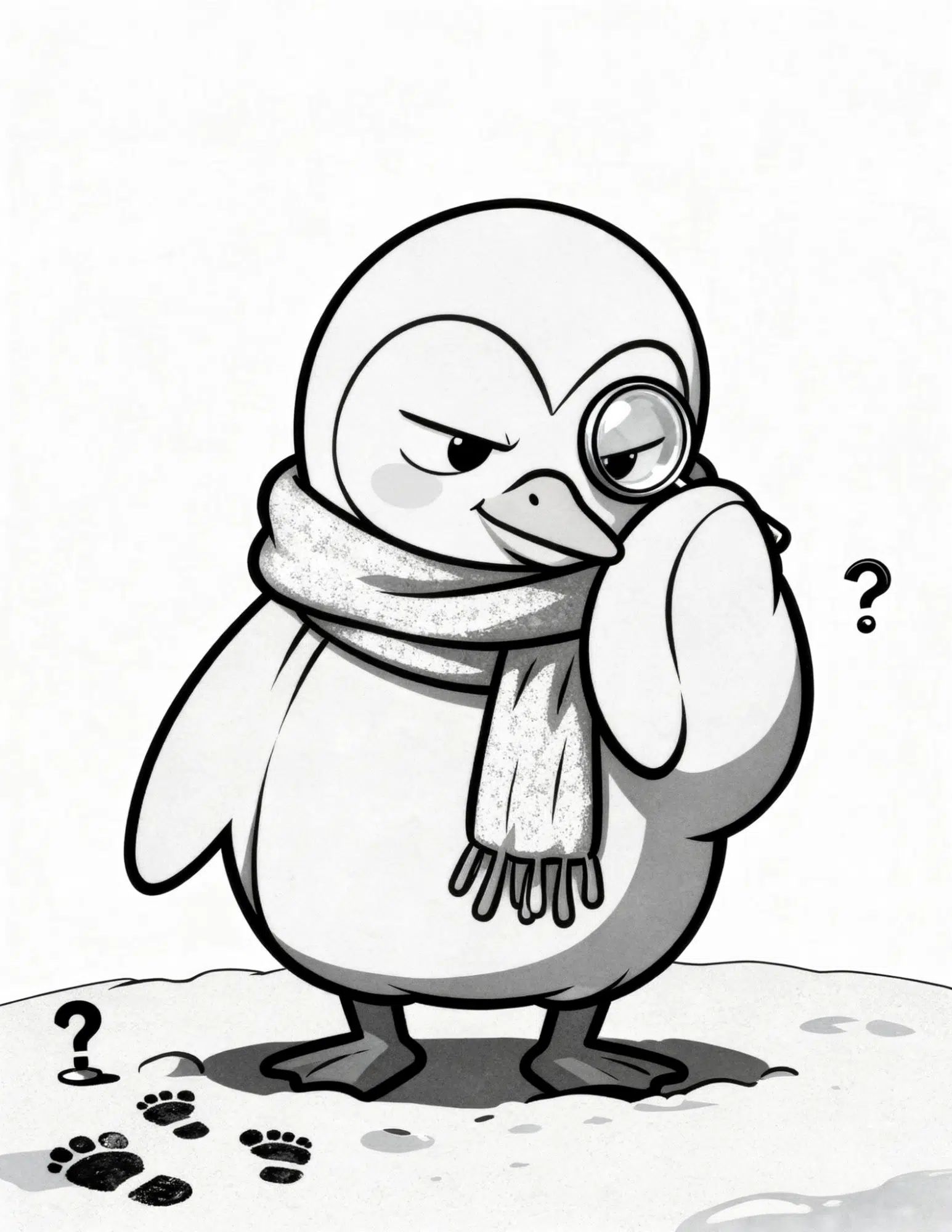 detective penguin solving mystery with magnifying glass coloring page outline