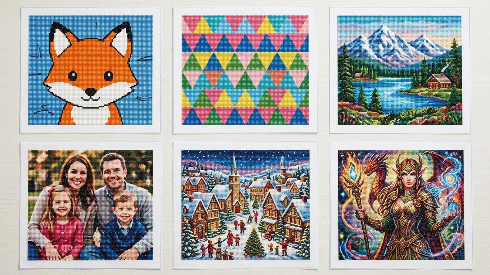 diamond painting examples collage showing animal, abstract, landscape, photo, holiday, and fantasy designs