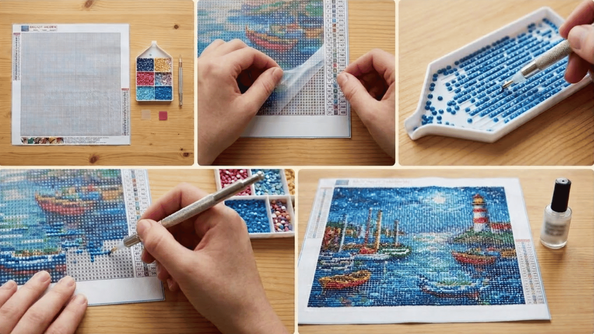 five step diamond painting process collage showing canvas setup, peeling protective film, picking up resin drills with an applicator pen, placing drills on the canvas, and the finished sparkling artwork