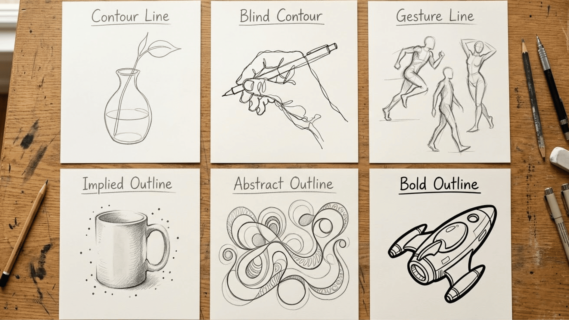 a six grid collage of different types of outline in art