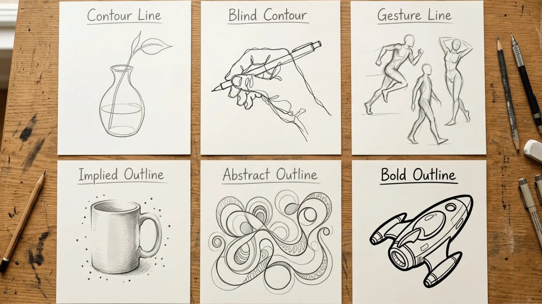 a six grid collage of different types of outline in art
