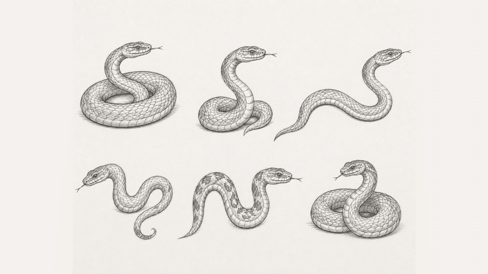 pencil sketch collage of six different snake poses on white paper, including coiled, raised, curved, stretched, and patterned snakes
