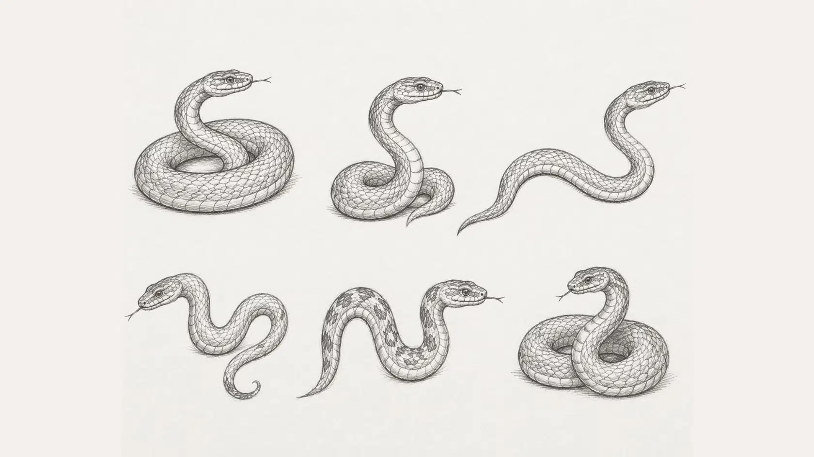 pencil sketch collage of six different snake poses on white paper, including coiled, raised, curved, stretched, and patterned snakes