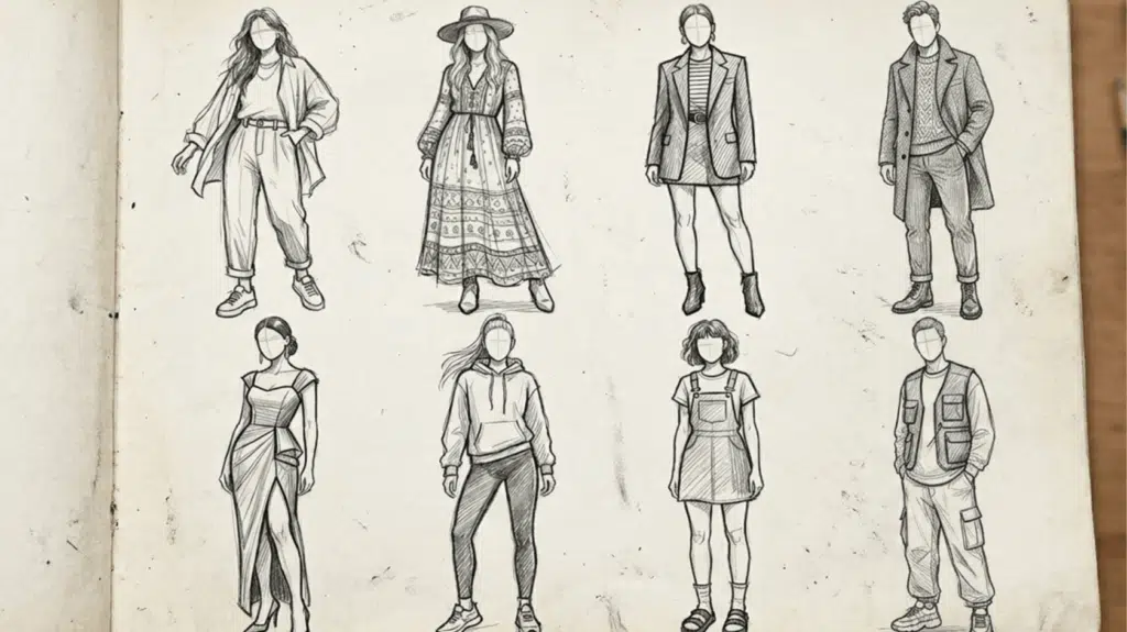 different types of clothing drawn in fashion sketches, including dresses, jackets, pants, skirts, hoodies, overalls, and layered outfits