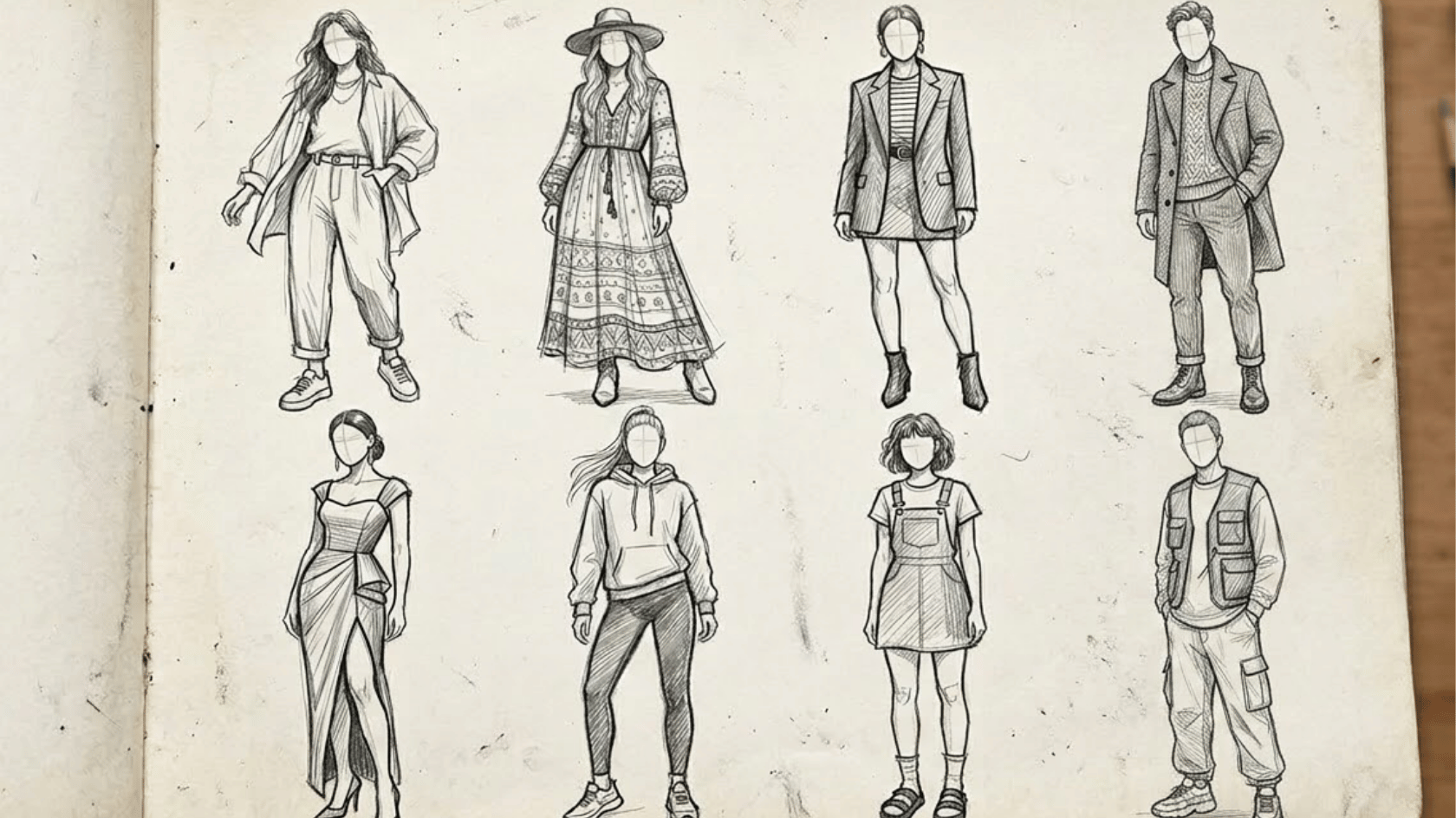 different types of clothing drawn in fashion sketches, including dresses, jackets, pants, skirts, hoodies, overalls, and layered outfits