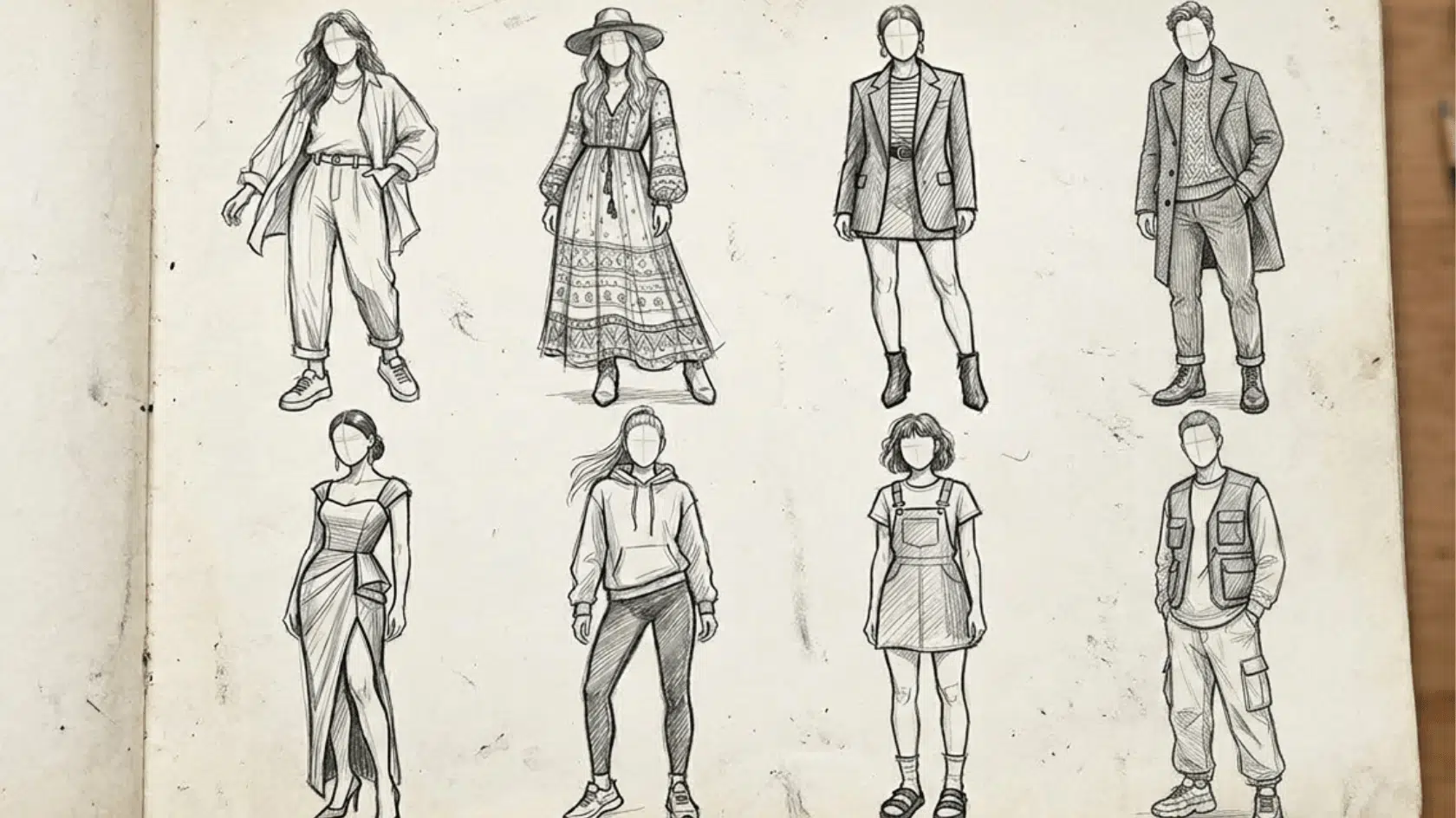 different types of clothing drawn in fashion sketches, including dresses, jackets, pants, skirts, hoodies, overalls, and layered outfits